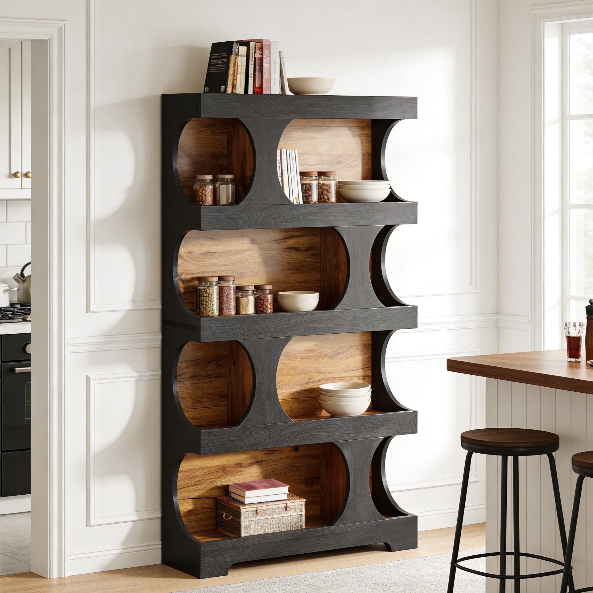 Fnova 71" Tall Bookshelf, 4-Tier Modern Freestanding S-Shaped Bookcase, Wood Decorative Display Storage Shelving, Large Library Book Shelf Unit for Home Office Living Room, Black & Brown,Black