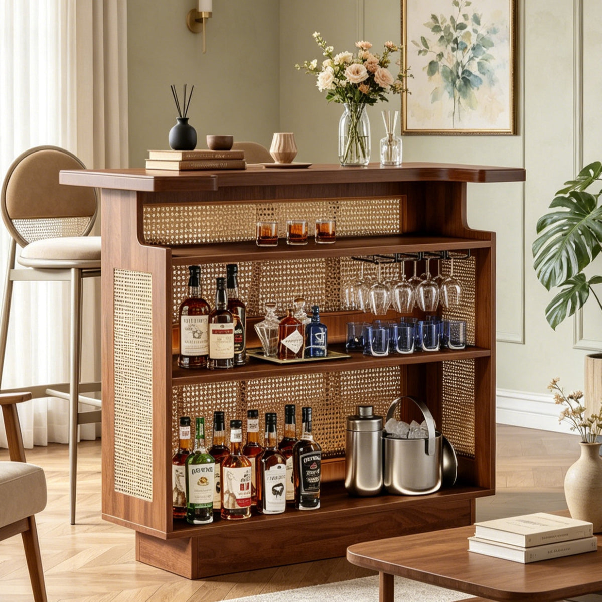 Fnova 47.24 Inch Home Bar Unit, Farmhouse Rattan Bar Cabinet with Wine Glass Holders, Multi-Tier Storage Sideboard, Freestanding Liquor Cabinet for Living Room Kitchen Dining Room,WM010902_BN_US