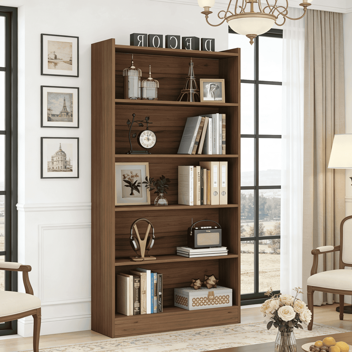 Fnova Modern 72-Inch 6-Tier Storage Shelf, Wooden Shelving Unit, Closed Back & Side Panels for Living Room/Kitchen/Home Office, Easy Assembly,WM010537_BN_Shelf