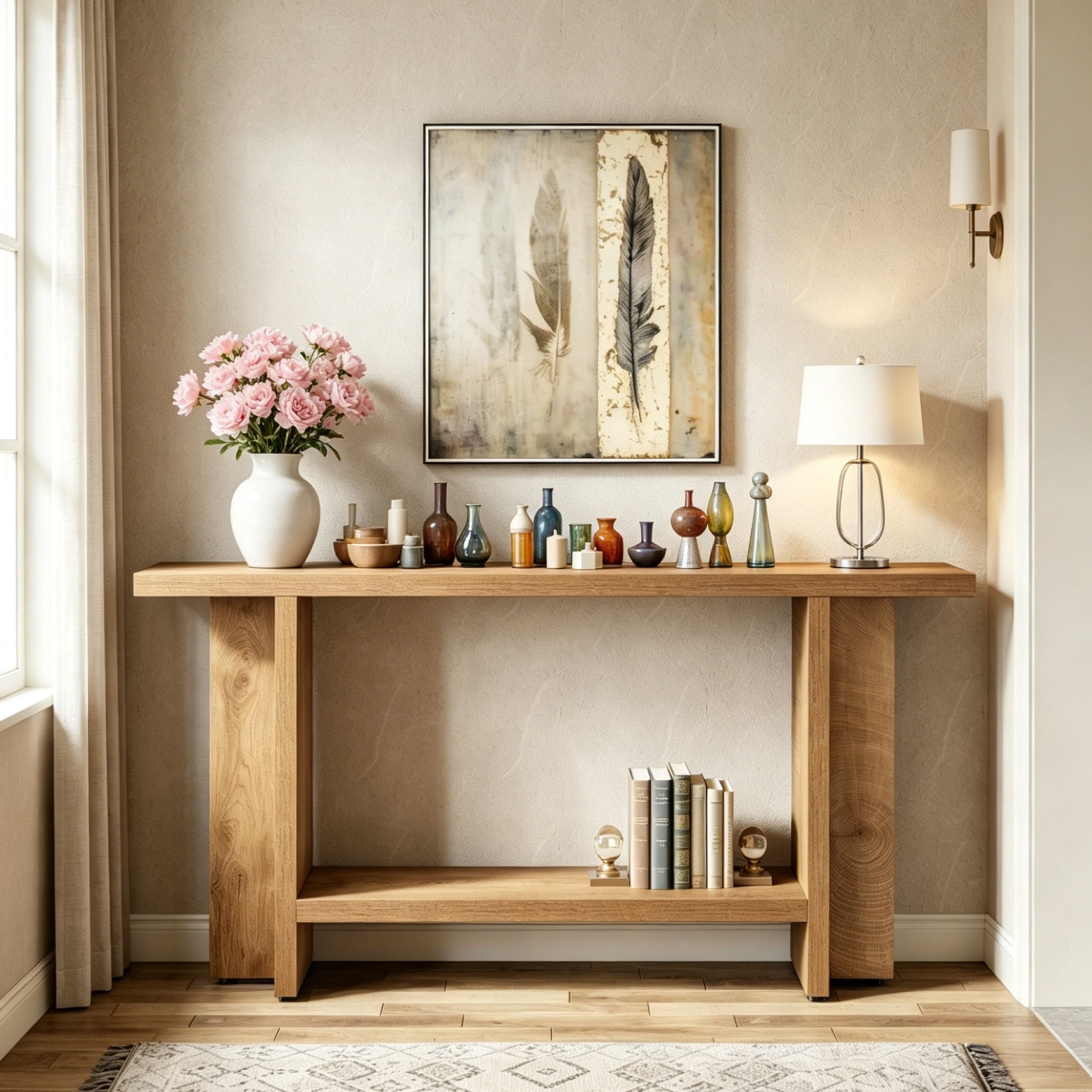 Fnova 59-Inch Farmhouse Console Table, 2-Tier Narrow Entryway Table with T-Shaped Legs, Long Sofa Table for Living Room, Hallway, Foyer,WM010395_BN_US