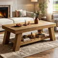 Fnova 47.24 Inch Coffee Table, Farmhouse 2-Tier Rectangle Accent Table with Storage, Rustic Wood Center Table, Tea Table for Living Room, Apartment, Office,WM010494_BN_US