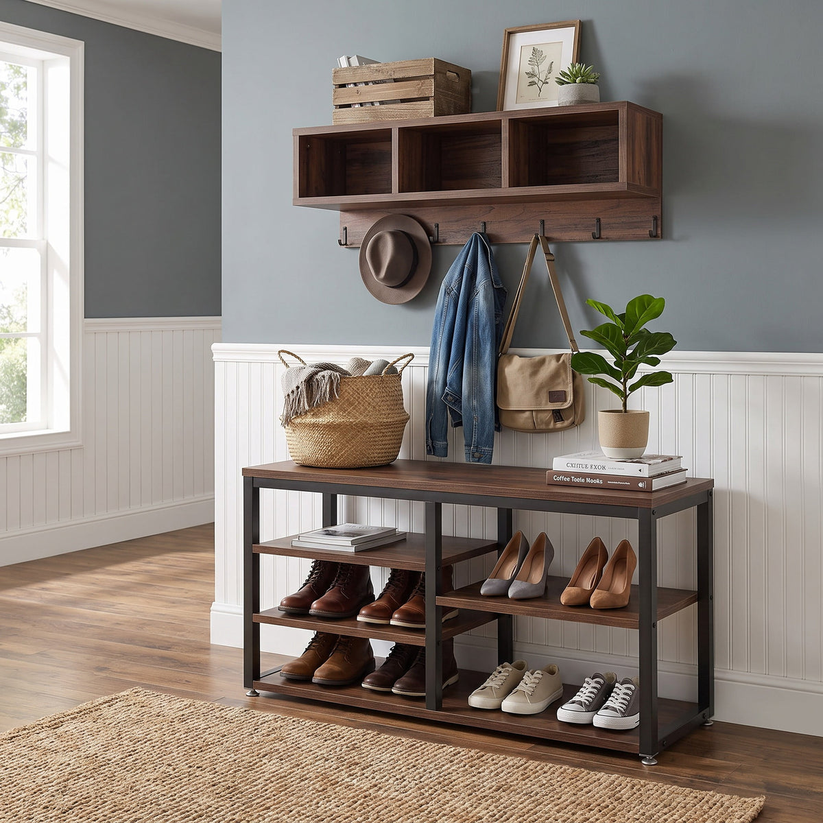 Fnova 5-in-1 Entryway Organizer, 3-Tier Shoe Rack with 3 Cubbies & 7 Hooks, Coat Rack for Hallway Mudroom,WM010576_BNB_US