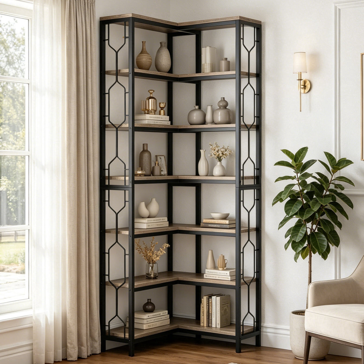 Fnova 7-Tier Industrial Corner Storage Shelf Unit, Space-Saving Bookcase Display for Living Room Bedroom Home Office,WM010549_GB_US