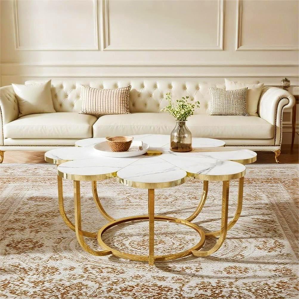 Fnova 39.37" Flower-Shaped Coffee Table, Modern Floral Accent Center Table with Faux Marble Tabletop & Metal Frame for Living Room, Bedroom & Lounge,White