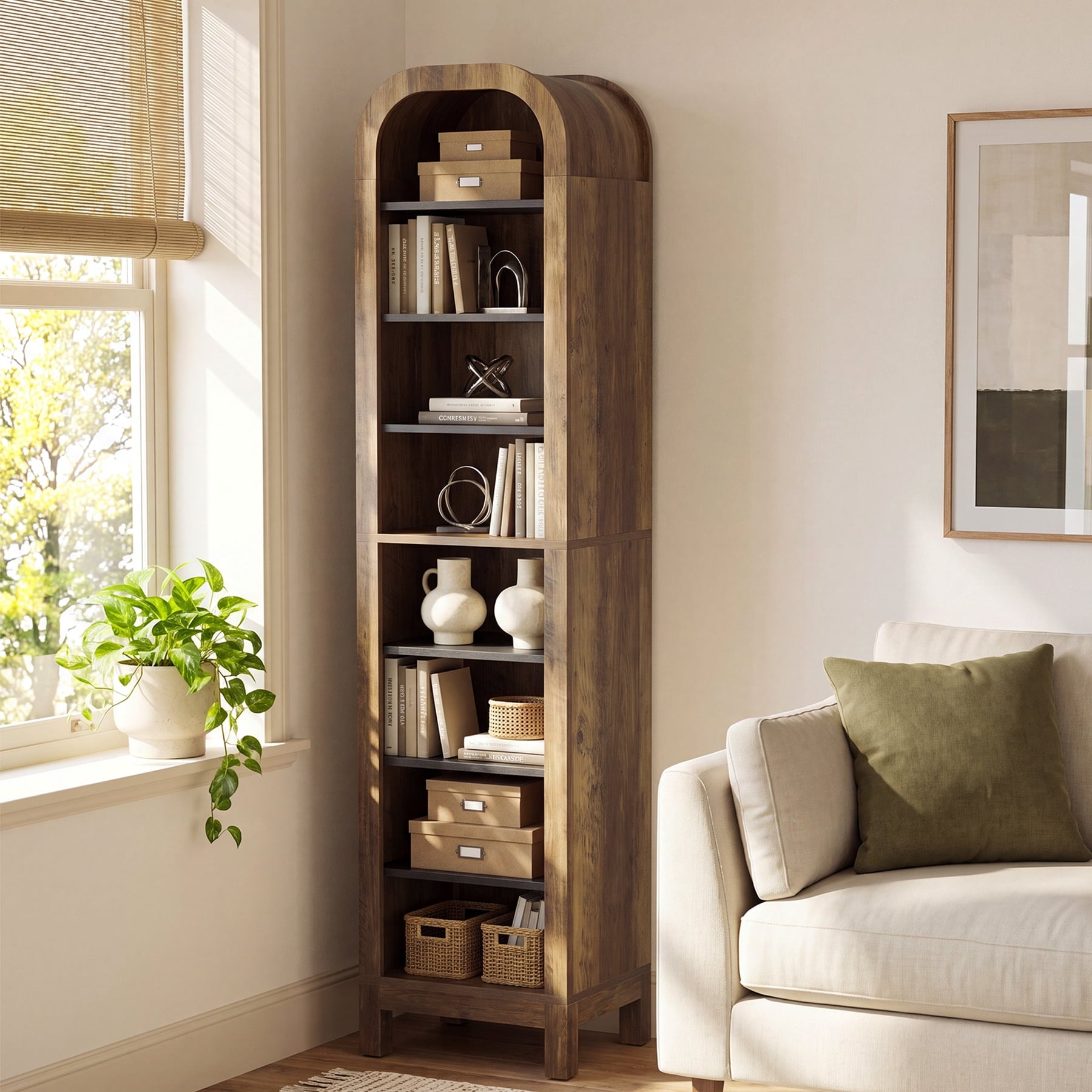 71.25" Tall 8-Tier Arched Bookshelf, Narrow Corner Storage Rack, Modern Particle Board Display Shelving Unit for Living Room Home Office Bedroom, Rustic Brown