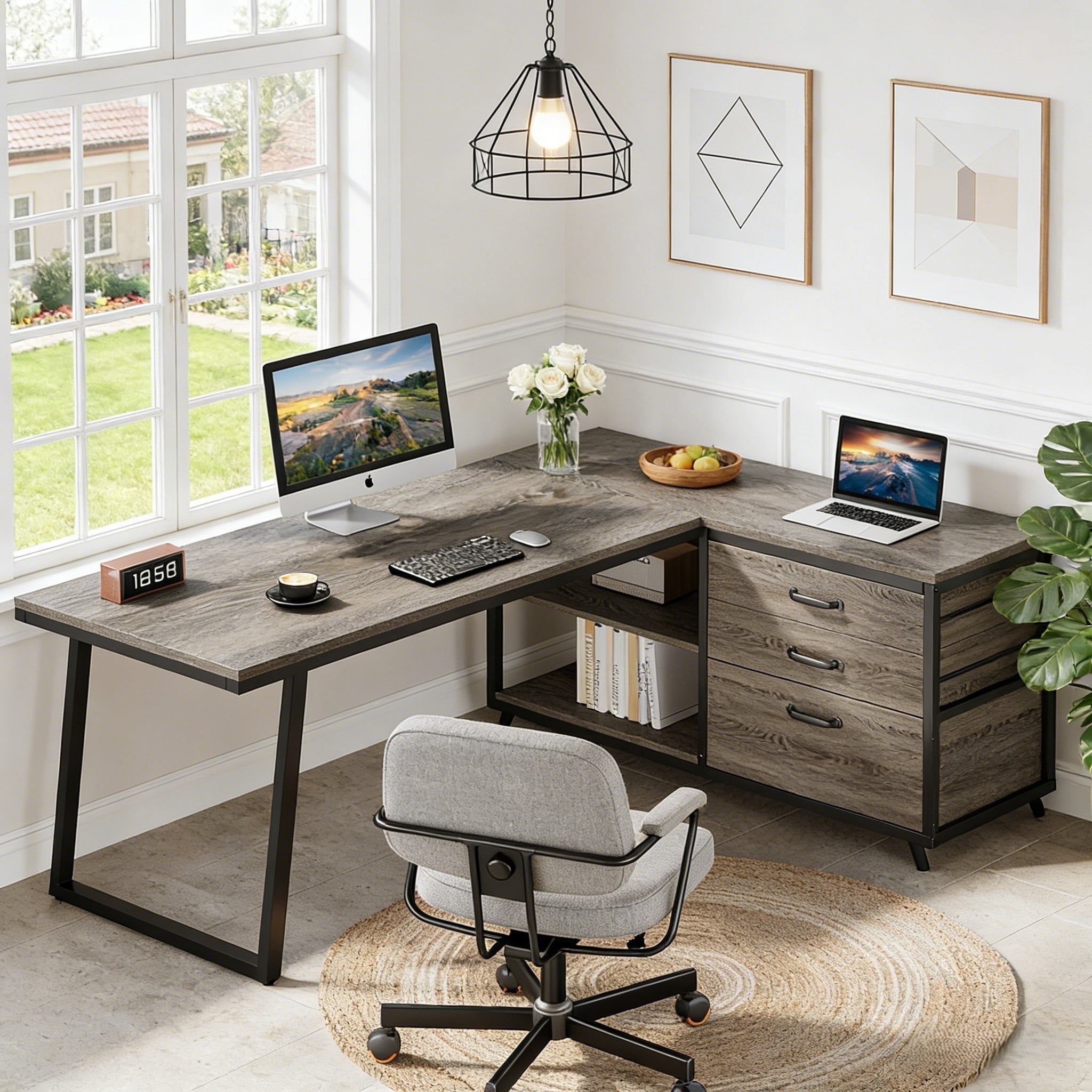 Fnova 53.15" L-shaped Computer Desk with 3 Drawers, Wood Tabletop, Metal Frame Office Desk, Gray,Gray