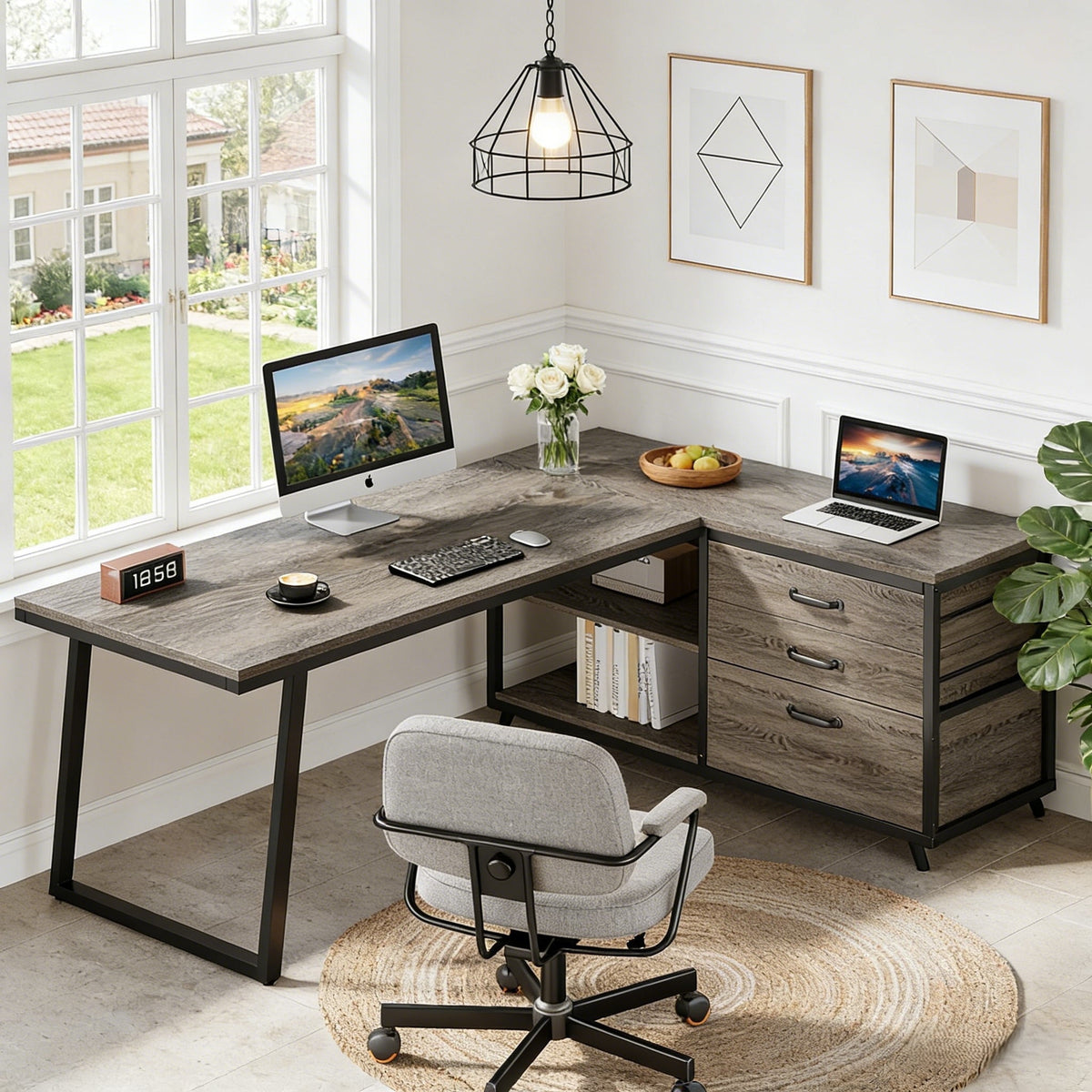 Fnova 53.15-Inch L-shaped Computer Desk with 3 Drawers, Wood Tabletop, Metal Frame Office Desk, Gray,WM010205C_DB_Desk