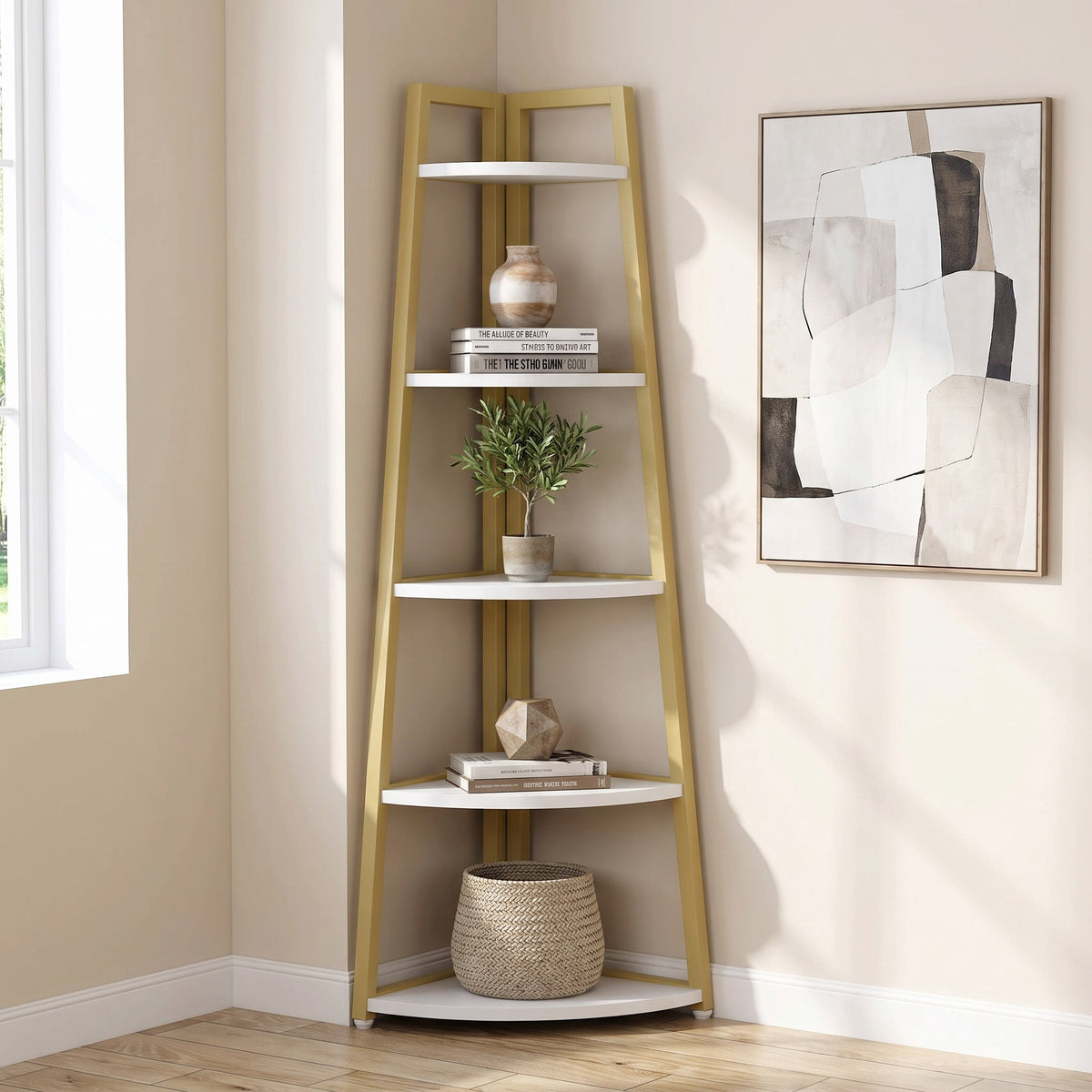 Fnova 71-Inch 5-Tier Industrial Corner Ladder Shelf, Modern Corner Bookshelf, Compact Bookcase, Plant Stand for Living Room, Kitchen, Home Office,WM010513_GW_Shelf