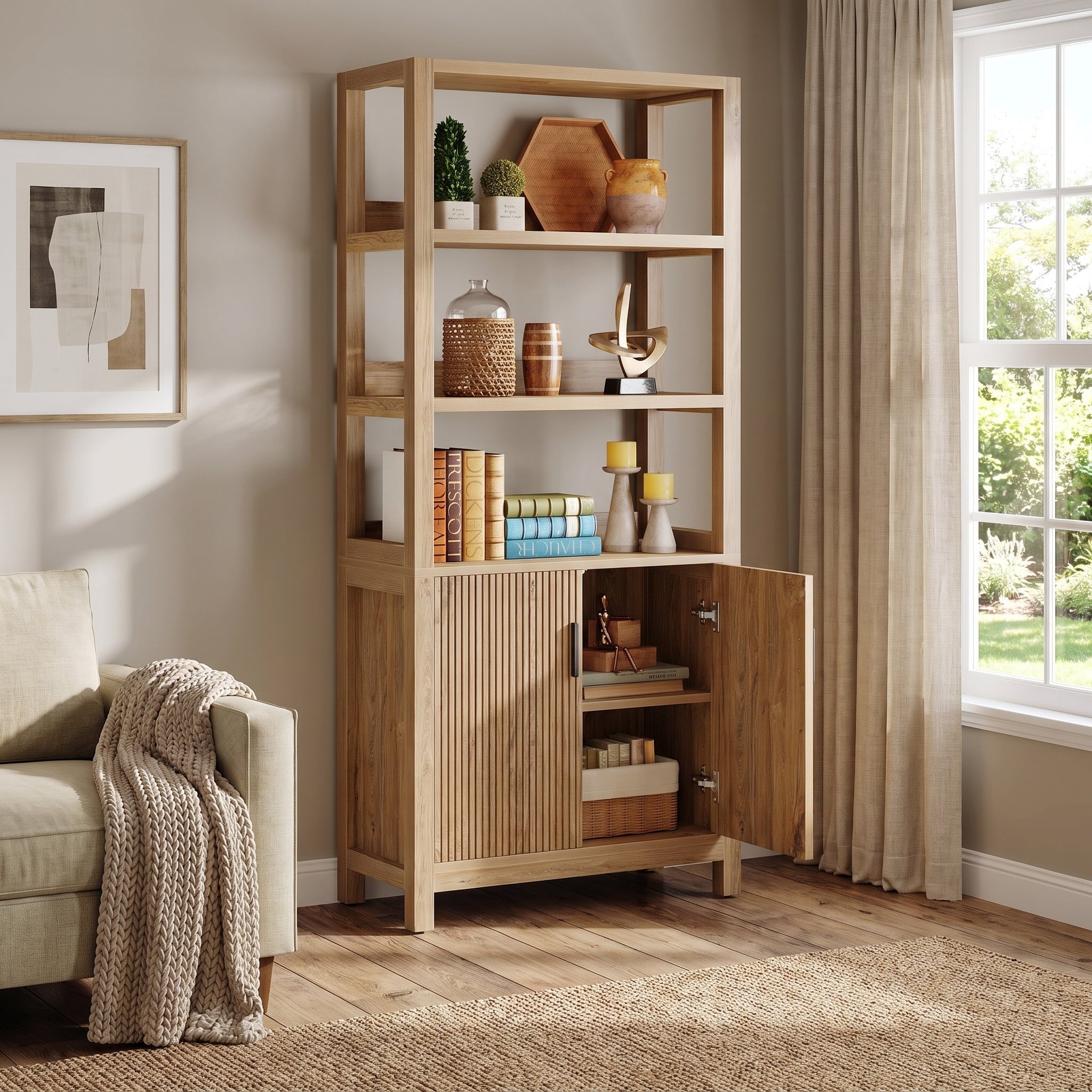 Fnova Tall Storage Shelf Unit with Doors, 3-Tier Open Shelf Hidden Storage Cabinet for Living Room Bedroom Home Office Study,WM010562_BN_US