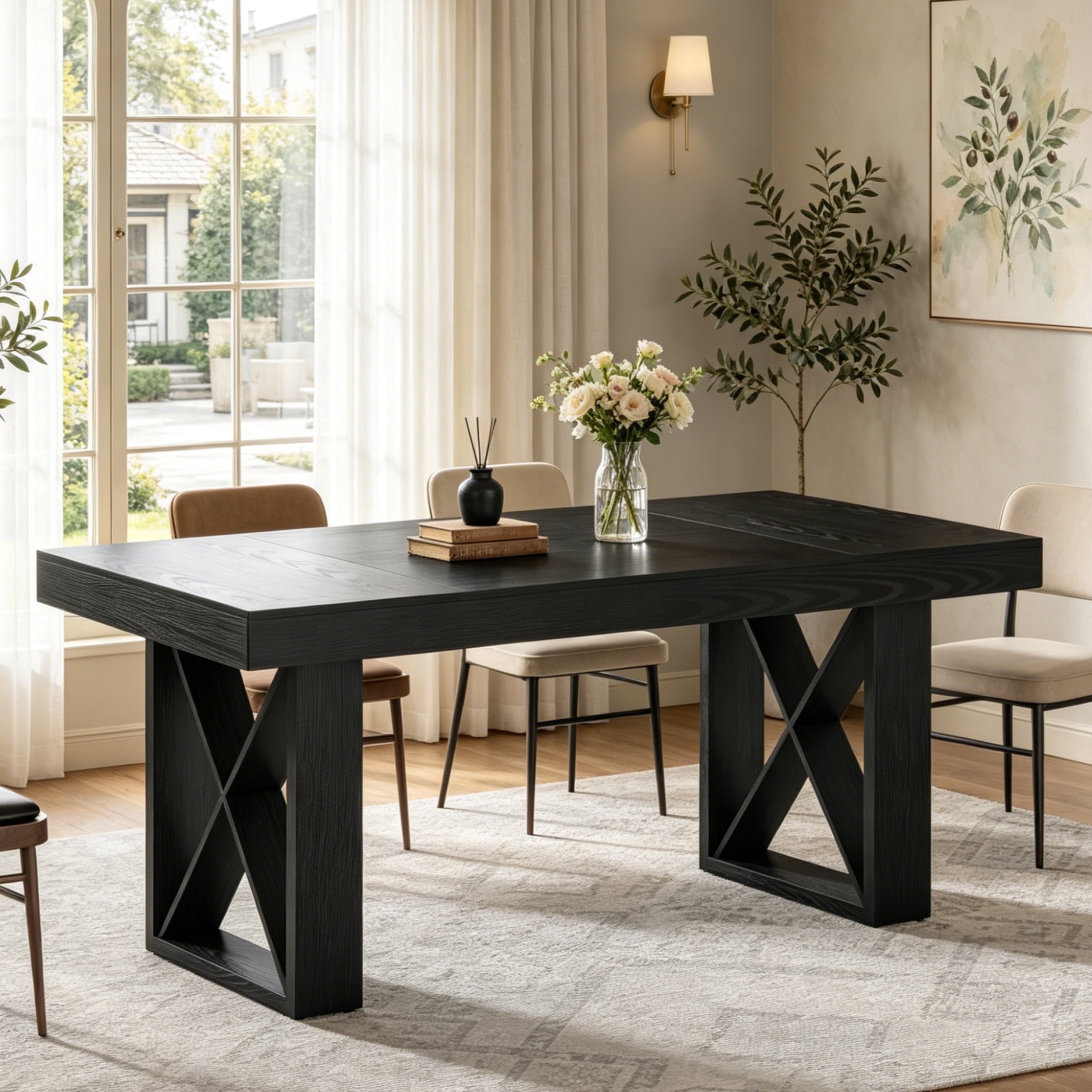 Fnova 63'' Farmhouse Dining Table for 4-6 People, Rectangular Dinner Table with Sturdy X-Shaped Base, for Dining Room, Living Room, Kitchen & Home Office,Black