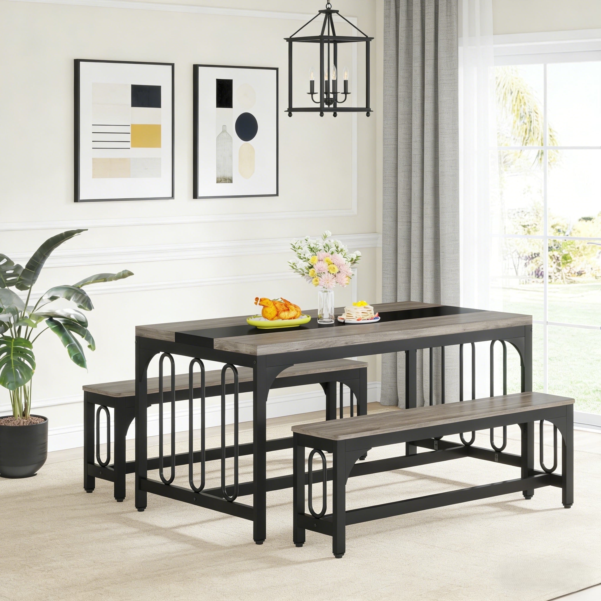 Fnova 55.11-Inch Modern Dining Table Set for 4 with 2 Benches, 3-Piece Dining Room Set, Wood Tabletop, Metal Frame, Gray,WM010206C_DBB_Tables