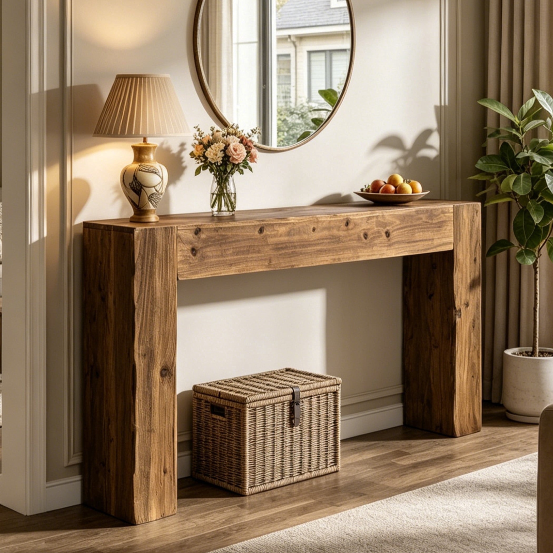 Fnova 63" Console Table, Wood Farmhouse Entryway Table, Long Narrow Accent Table for Living Room, Entrance, Hallway, Foyer, Brown,Brown