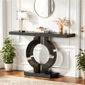 Fnova 43" Mirrored Console Table, Modern Narrow Sofa Table with O-Shaped Base, Glass Entryway Table for Living Room, Hallway Entrance,Black