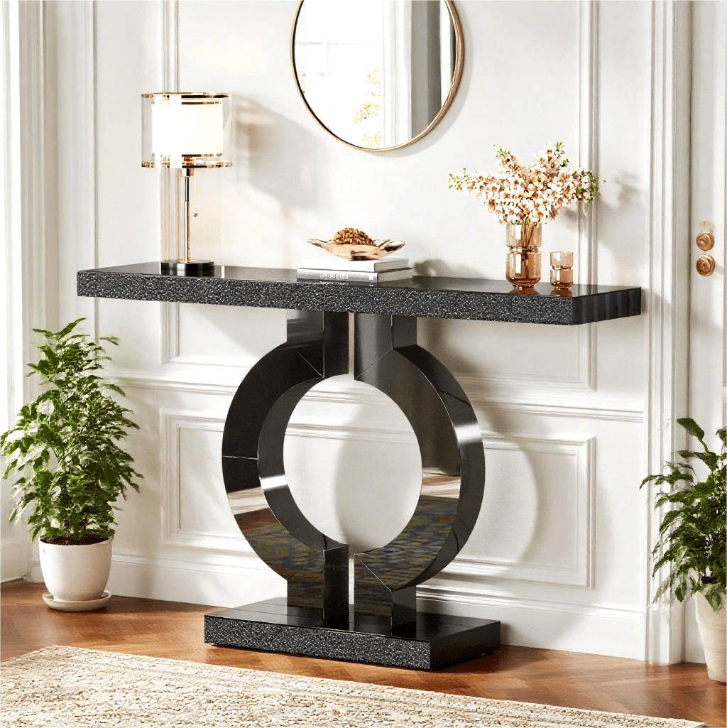 Fnova 43" Mirrored Console Table, Modern Narrow Sofa Table with O-Shaped Base, Glass Entryway Table for Living Room, Hallway Entrance,Black
