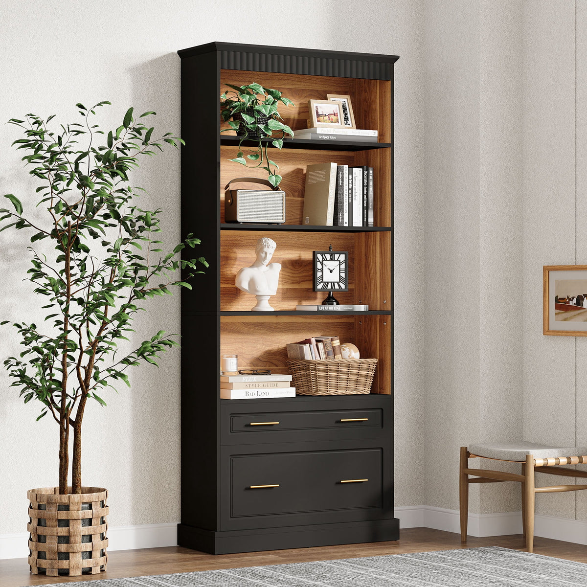 Fnova 72.8-Inch Storage Cabinet with 5-Shelf & 2-Drawer, Tall Wooden Bookcase with Closed Wood Backboard, Bookshelf for Study, Kitchen, Dining Room, Living Room, Easy Assembly,WM011329_B_Cabinet