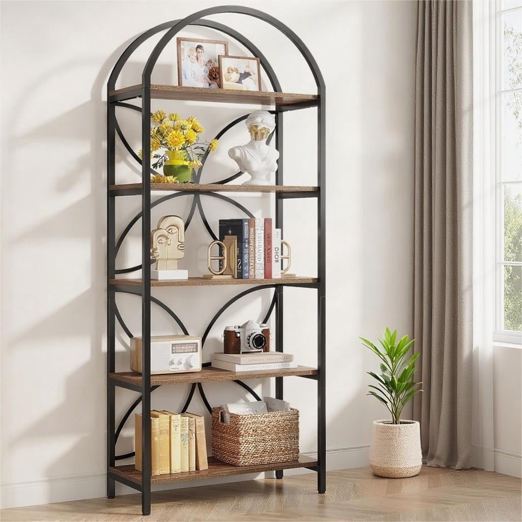Fnova 75" Tall 5 - Tier Bookshelf, Industrial Tall Arched Metal Frame Bookcase Storage Organizer, Open Display Rack for Bedroom, Living Room, Home Office, Rustic Brown,0