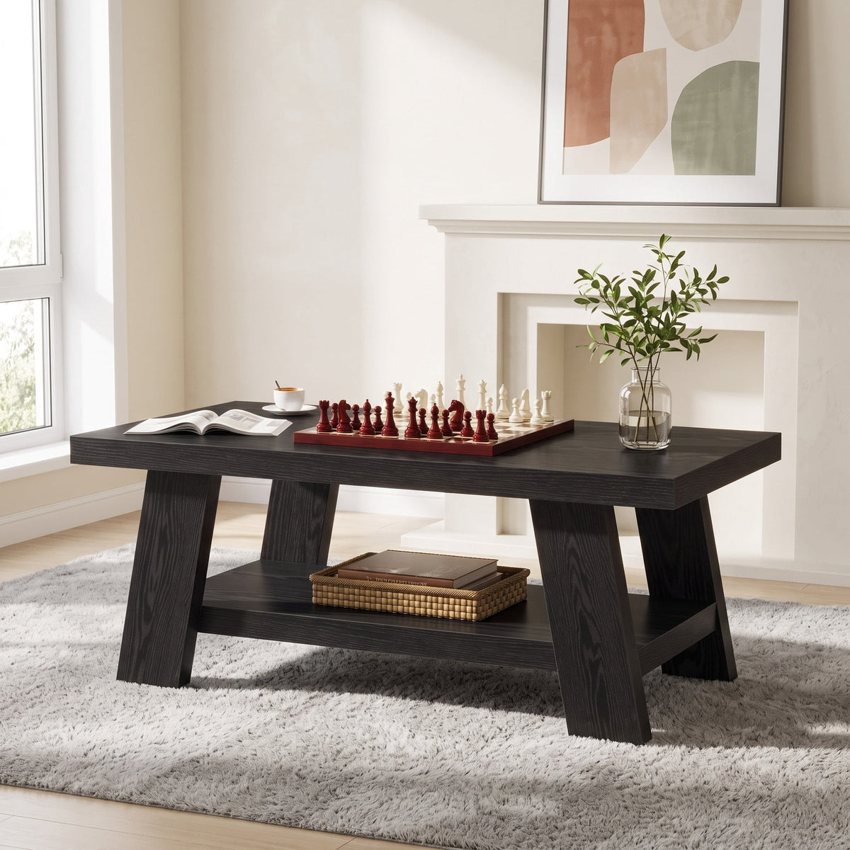 Fnova 47 Inch 2-Tier Farmhouse Coffee Table with Storage Shelf, Rectangle Center Table, Cocktail Tea Table for Living Room, Apartment, Home Office,WM010482_B_US