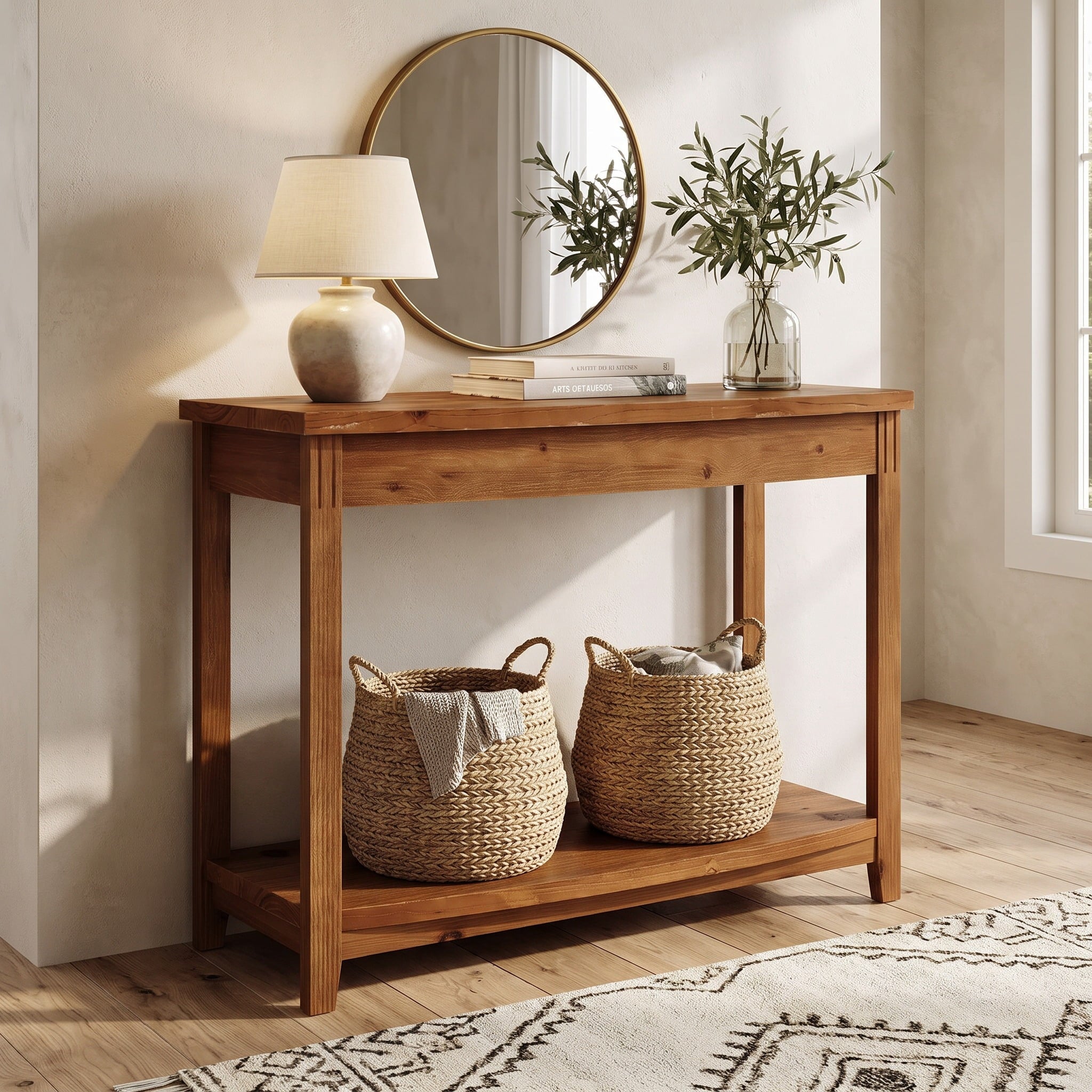 Fnova 41.3-Inch Solid Wood Farmhouse Console Table, 2-Tier Vintage Entryway Table with Storage, Narrow Sofa Table for Living Room, Hallway, Foyer,WM010931_BN_US