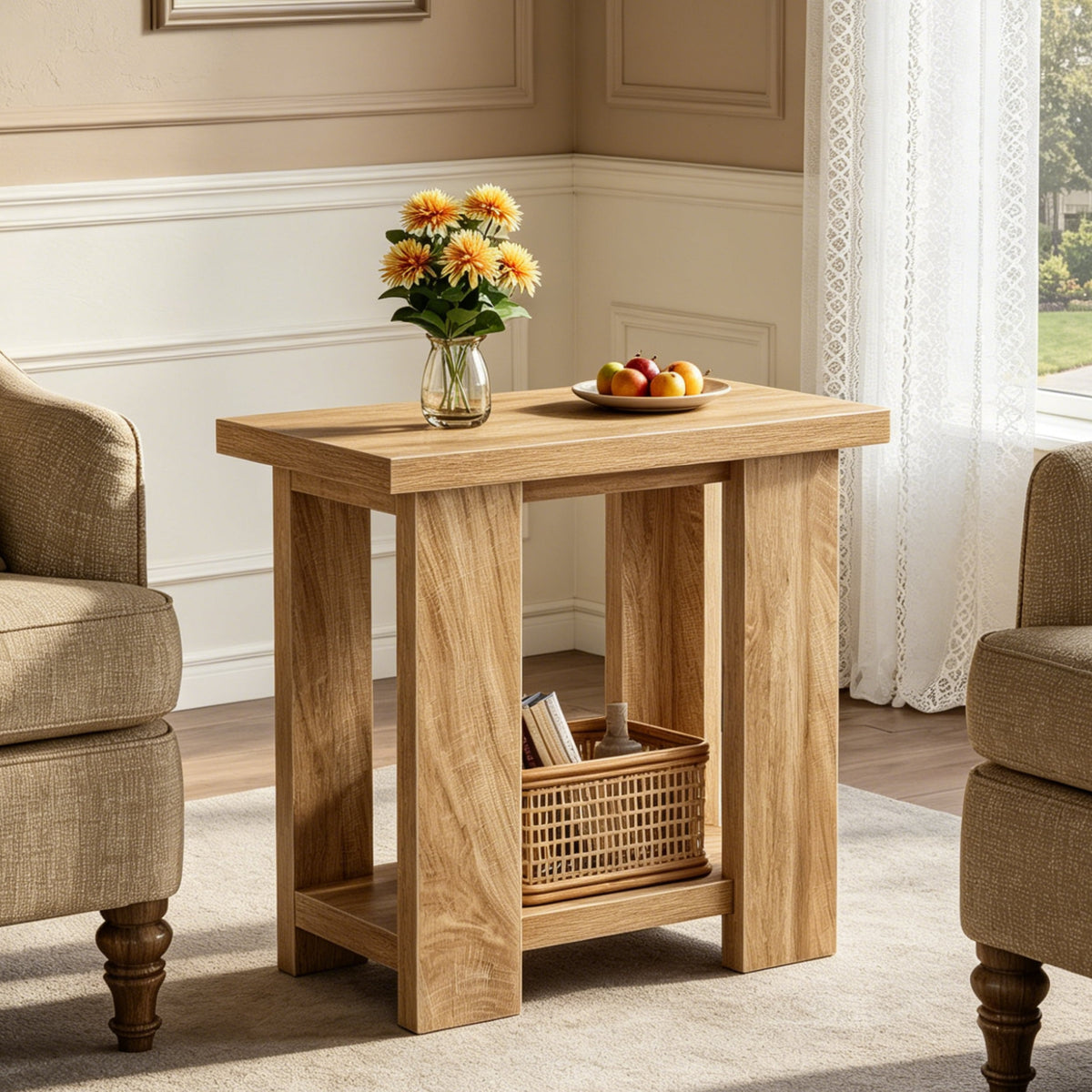 Fnova 2-Tier End Table with Storage Shelf, Modern Side Table, Accent Table Nightstand Beside Table, Easy Assembly, for Living Room, Bedroom, Entryway, Small Space,WM010142_BN_US