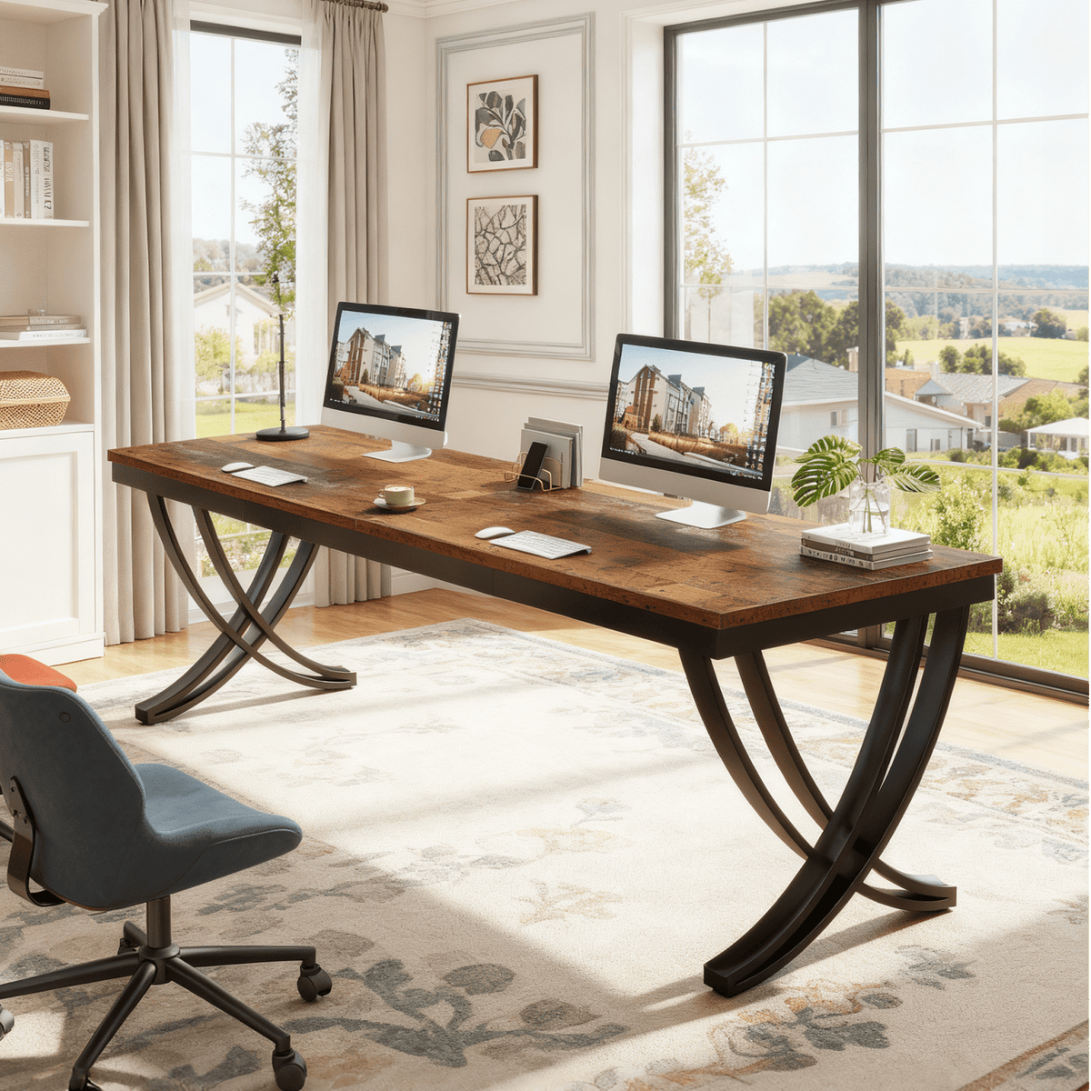 Fnova 78.74-Inch Modern Desk, Wooden Computer Desk Writing Desk with Storage Shelf, Back Baffles & Metal Legs, for Living Room/Kitchen/Home Office, Easy Assembly,WM010291_BN_Tables