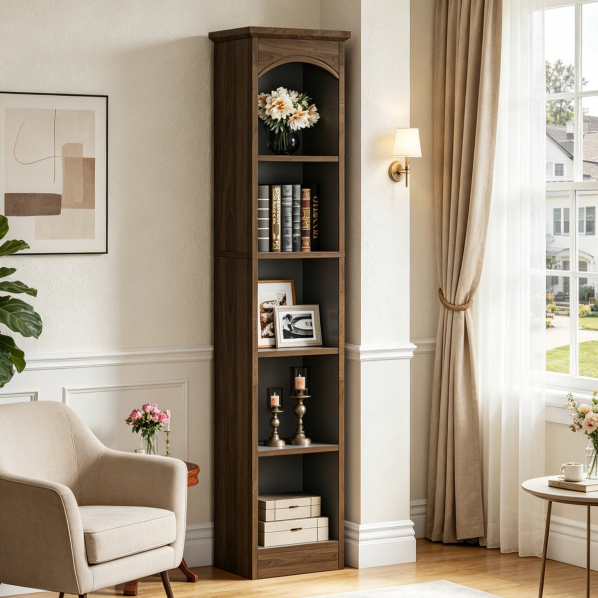 Fnova 70.9-Inch Tall Narrow Storage Shelf Unit, 5-Tier Cube Slim Anti-Tip Corner Bookshelf for Living Room Bedroom Home Office,WM010557_DBN_US