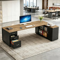 Fnova 85" L-Shaped Executive Desk with Storage Drawers, Modern Office Desk with Adjustable Shelves & File Cabinet, Extra Long Corner Computer Desk for Home Office,Natural Wood Black