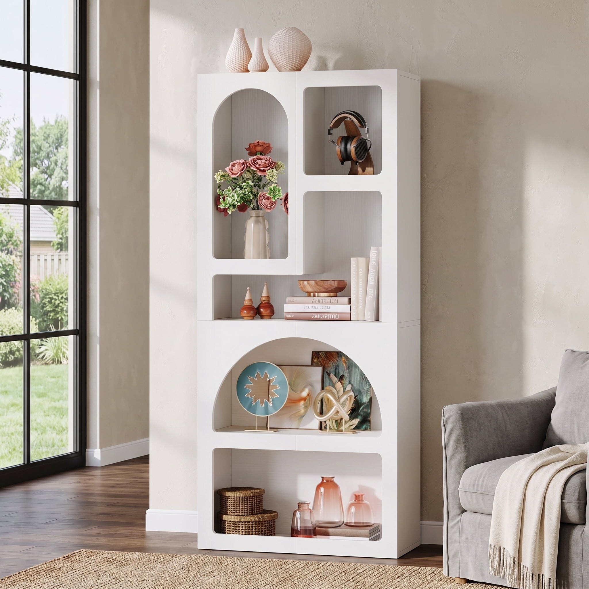 Fnova 70.87-Inch Tall Arched Bookcase with 5 Irregular Compartments, Modern Freestanding Display Shelf Storage Organizer, Home Decor Furniture for Living Room Bedroom Entryway,WM010611_W_US