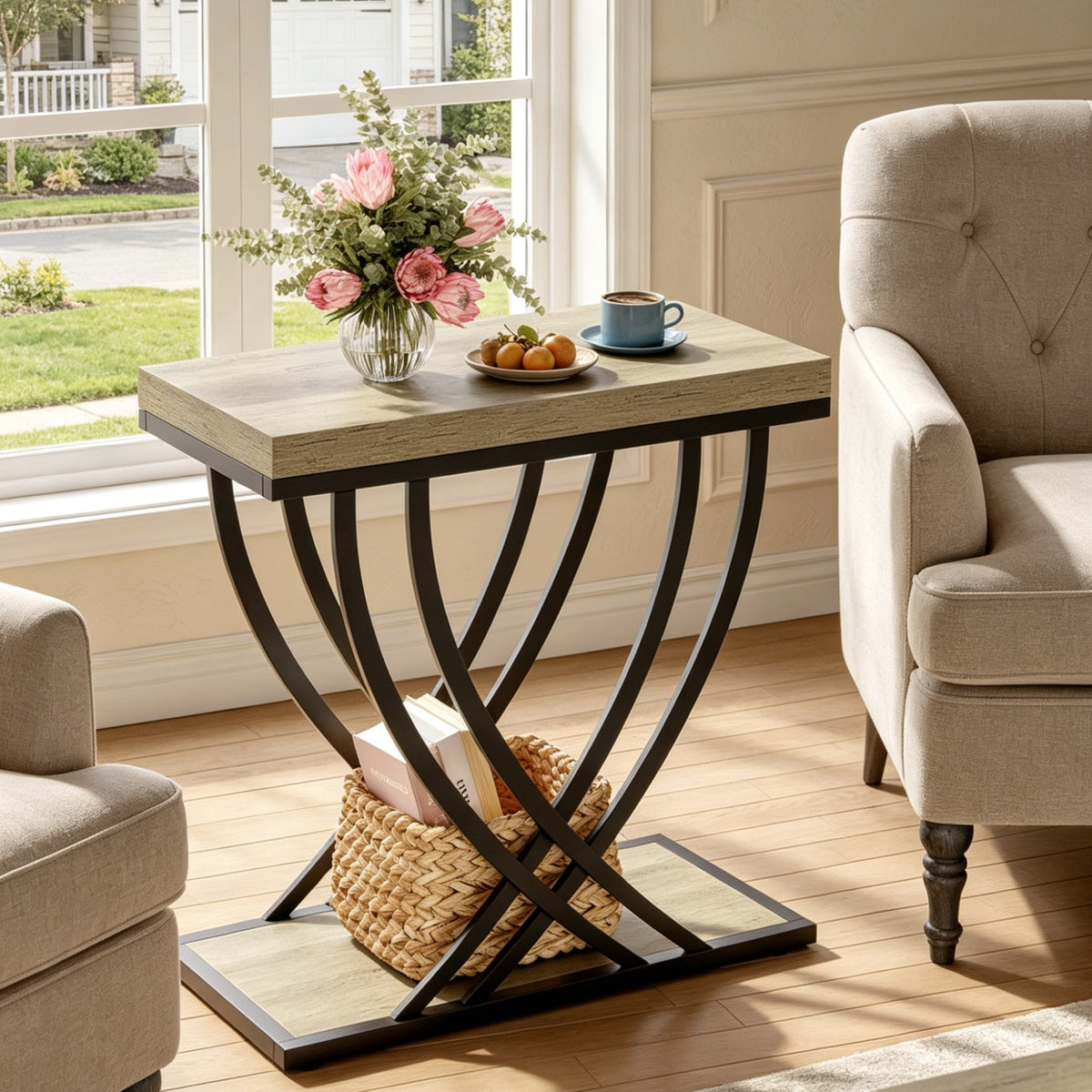 Fnova 2-Tier End Table, Narrow Wood Side Table, Industrial Accent Table Nightstand with Metal Frame, Easy Assembly, for Living Room, Bedroom, Entryway, Small Space,WM010135_GB_US