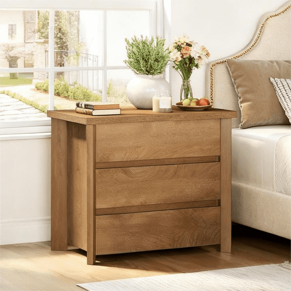 Fnova Wood Nightstand with 3 Drawers, Large Farmhouse Nightstand with Storage for Bedroom and Small Spaces, Easy Assembly, Rustic Brown,Brown