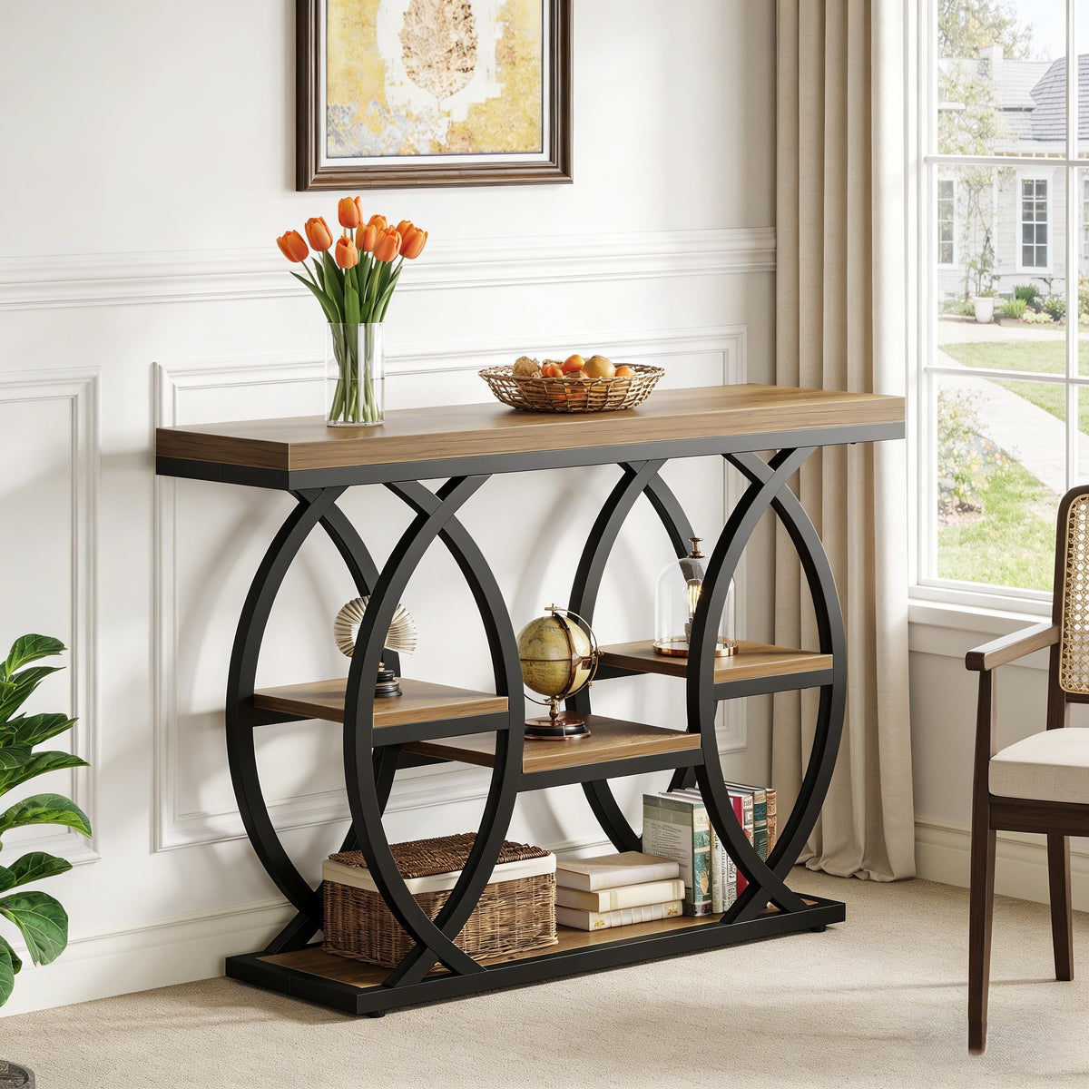 Fnova 39.4-Inch Industrial Console Table, 4-Tier Retro Staggered Storage Shelves, Narrow Wood Accent Table with Metal Frame, for Small Spaces, Entryway, Sofa, Hallway,WM010306_LBN_Console