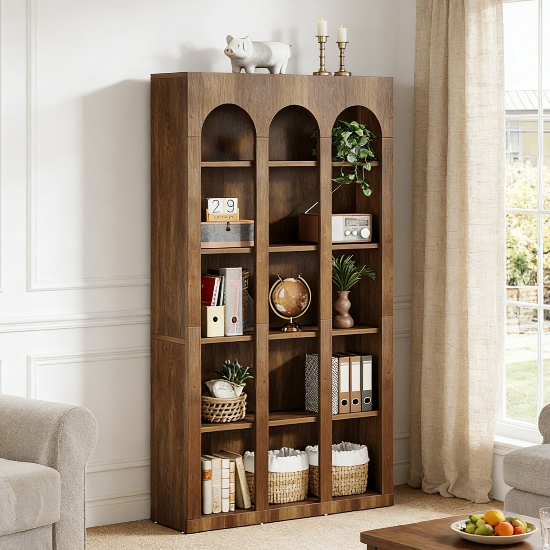 Fnova 70.87" 5-Tier Bookshelf, Arched Design Display Bookcase with Open Storage Shelves, Versatile Organizer for Living Room, Bedroom, Home Office, Entryway,Brown
