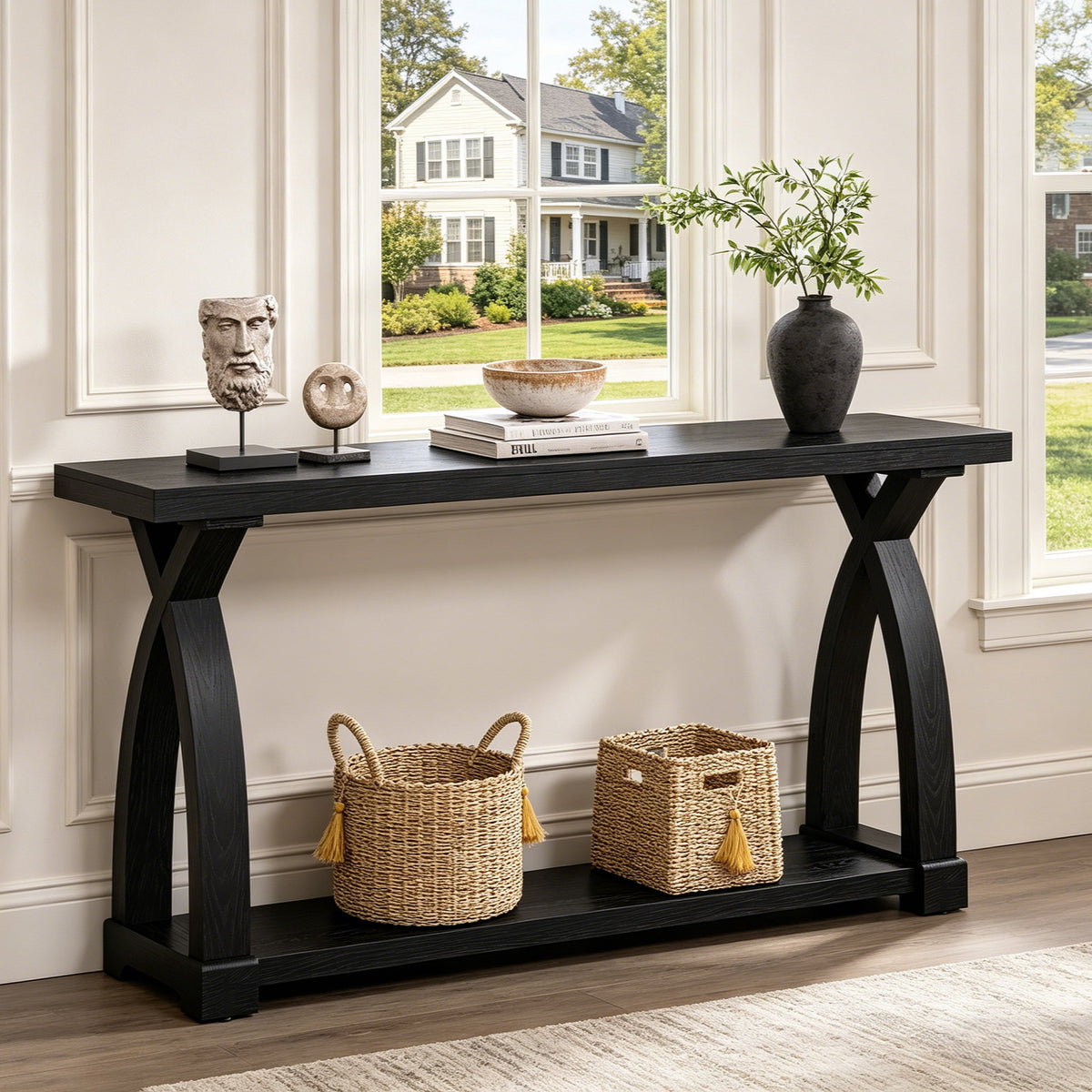 Fnova 63-Inch Console Table, Solid Wood Entryway Table, Narrow Farmhouse Sofa Table Couch Table Behind Sofa with 2-Tier Storage for Entrance, Foyer, Living Room,WM010378_B_US