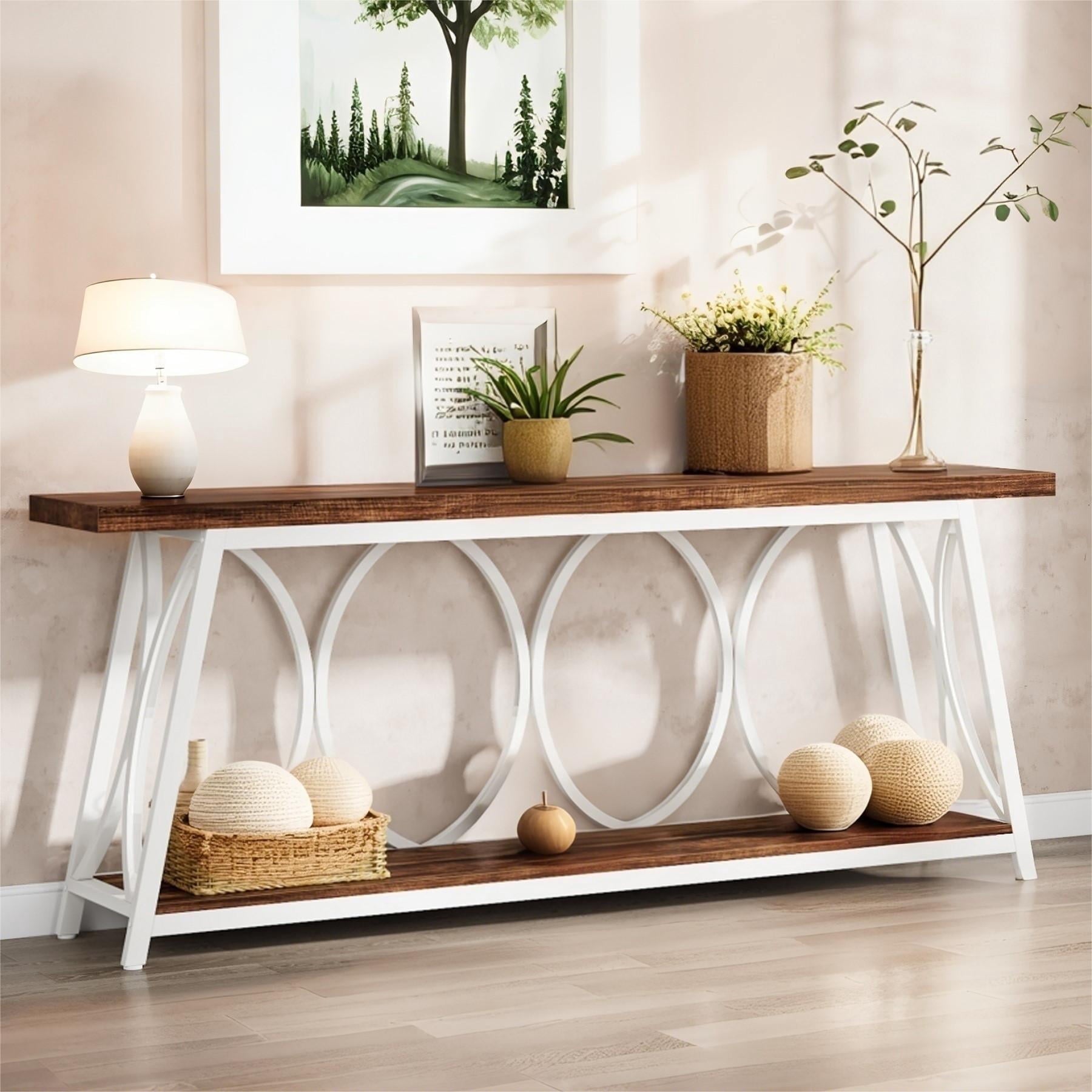 Fnova 70.87" Farmhouse Console Table for Entryway, 2-Tier Storage Long Narrow Wood Entryway Table, Metal Frame, Easy Assembly, Brown White,Brown White
