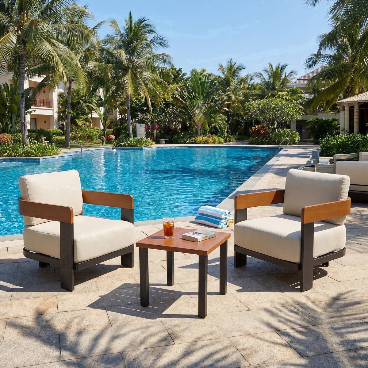 Fnova 3-Piece Outdoor Patio Chair Set, 2 Minimalist Metal Frame Armchairs with 1 Side Table, 450 Lbs Capacity, 8.7-Inch Thick Cushions, Wide Seat Patio Furniture for Balcony, Deck, Backyard,WM011527_W_US