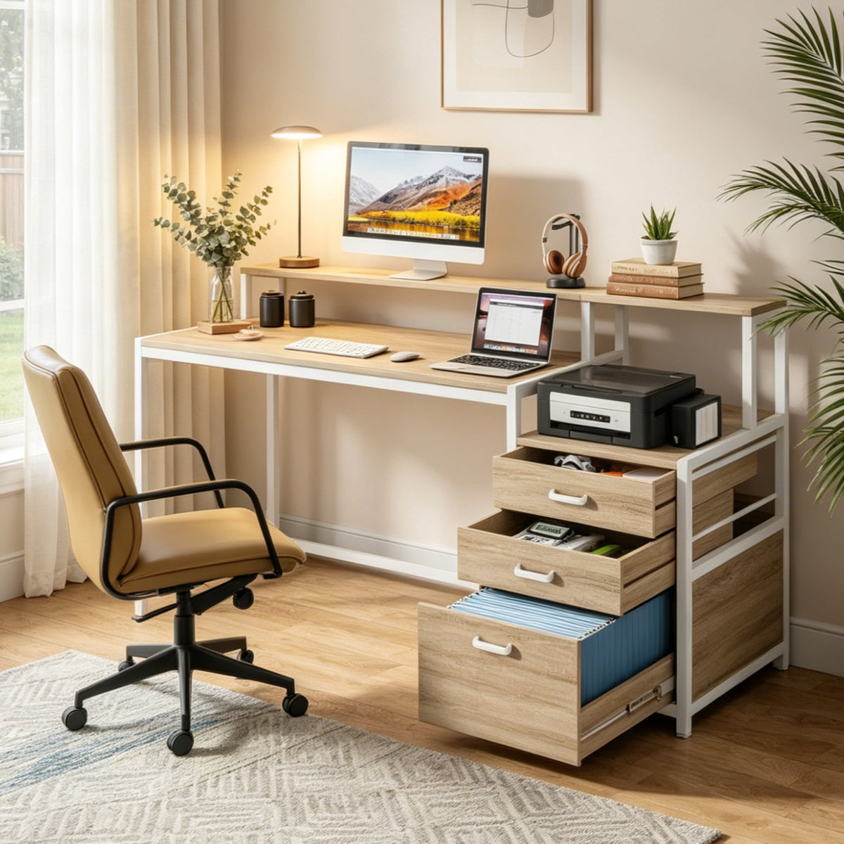 Fnova 63-Inch Computer Desk, Home Office Desk with File Drawer & Monitor Stand, Industrial Workstation Desk, Dual-Tier Desktop with Adjustable Drawer & Storage, for Home Office, Study & Workspace,WM010438_LBBN_US