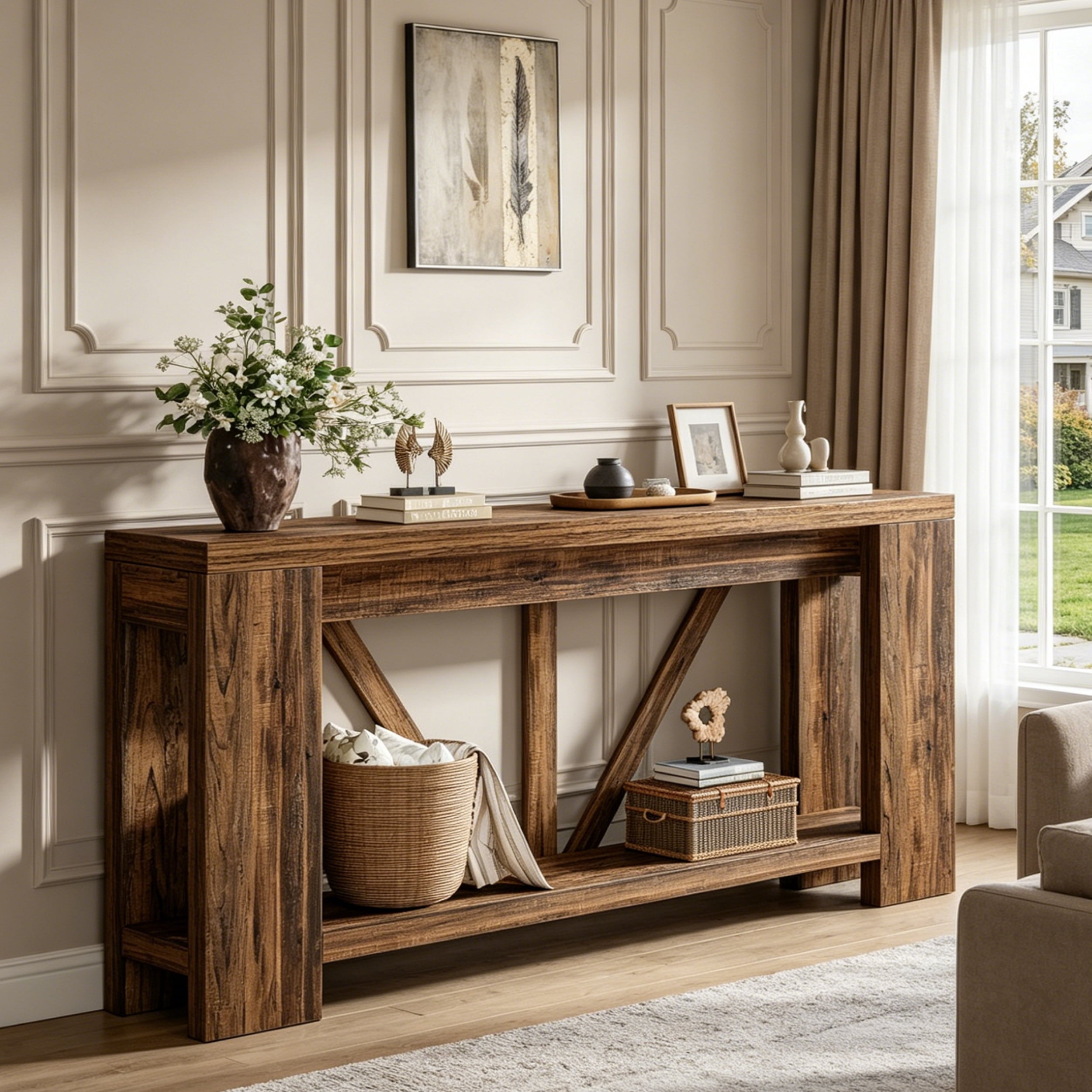 Fnova 70.9" Console Table, 2-Tier Farmhouse Entryway Table, Narrow Long Wood Sofa Table Behind Couch with V-Shaped Support for Living Room, Hallway, Foyer,Brown