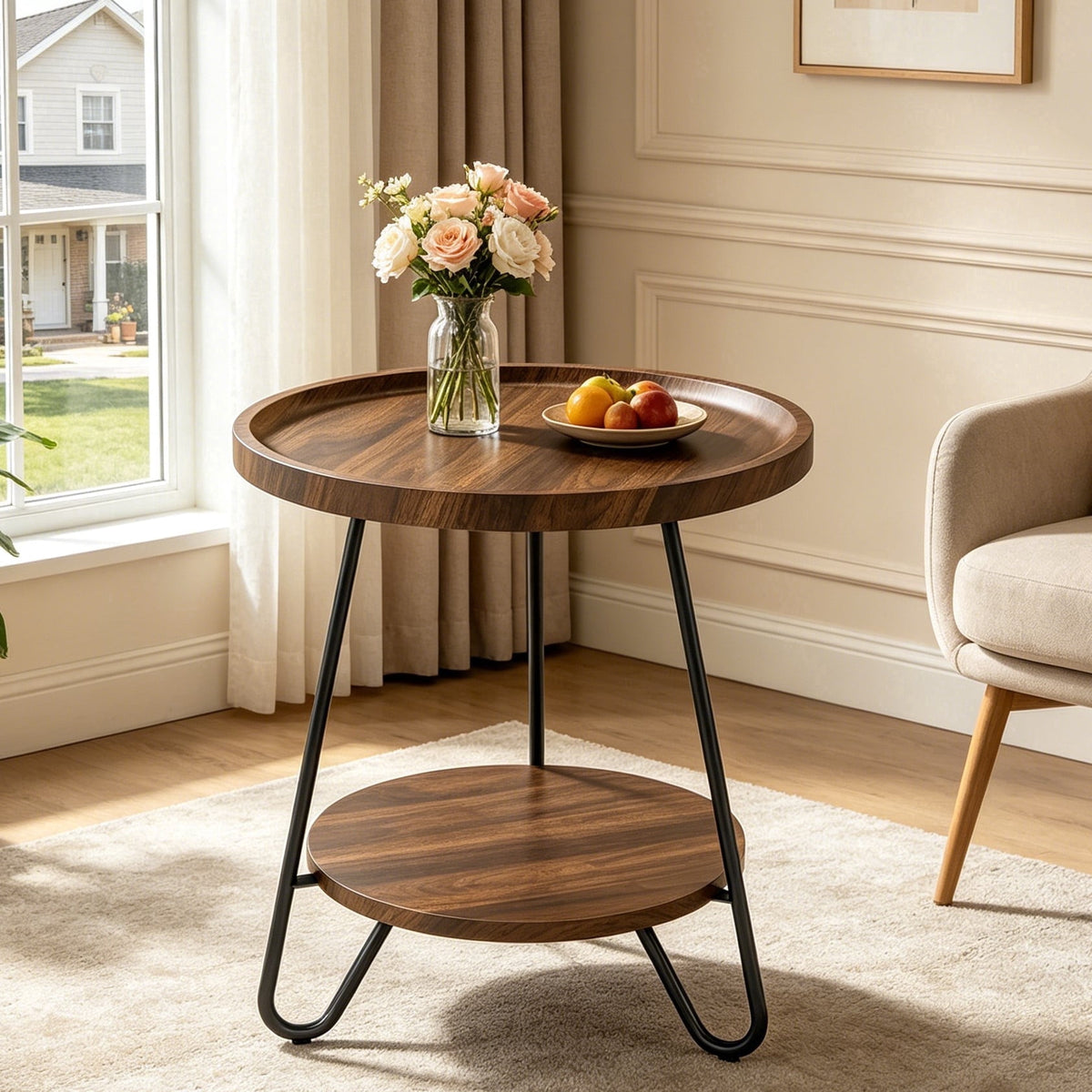 Fnova 2-Tier Round Side Table, Modern Industrial End Table with Metal Legs, Small Accent Snack Table for Living Room, Bedroom, Small Spaces, Easy Assembly,WM010111_BN_Tables