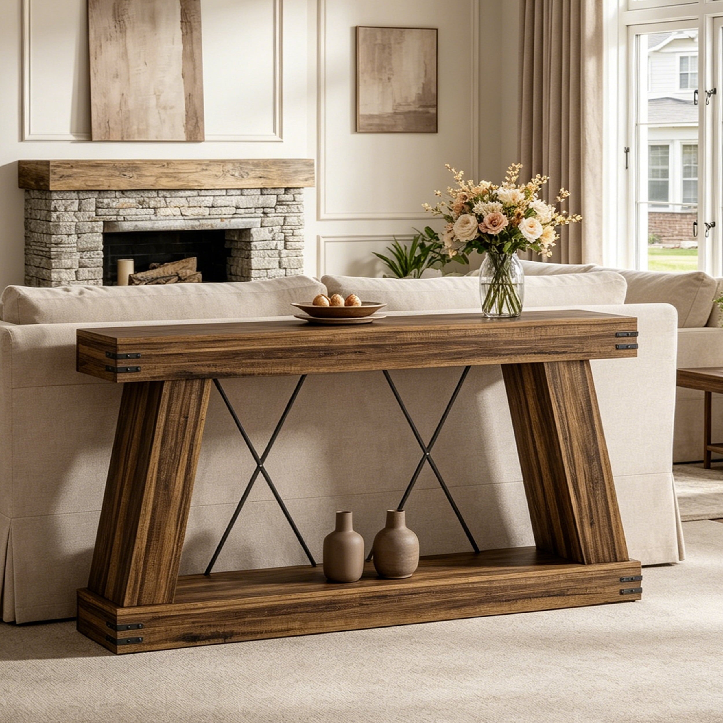 Fnova 70" Farmhouse Console Table, Long 2-Tier Entryway Table with X-Shaped Metal Support, Narrow Wood Sofa Table for Living Room, Hallway, Behind Couch, Dark Brown,Dark Brown