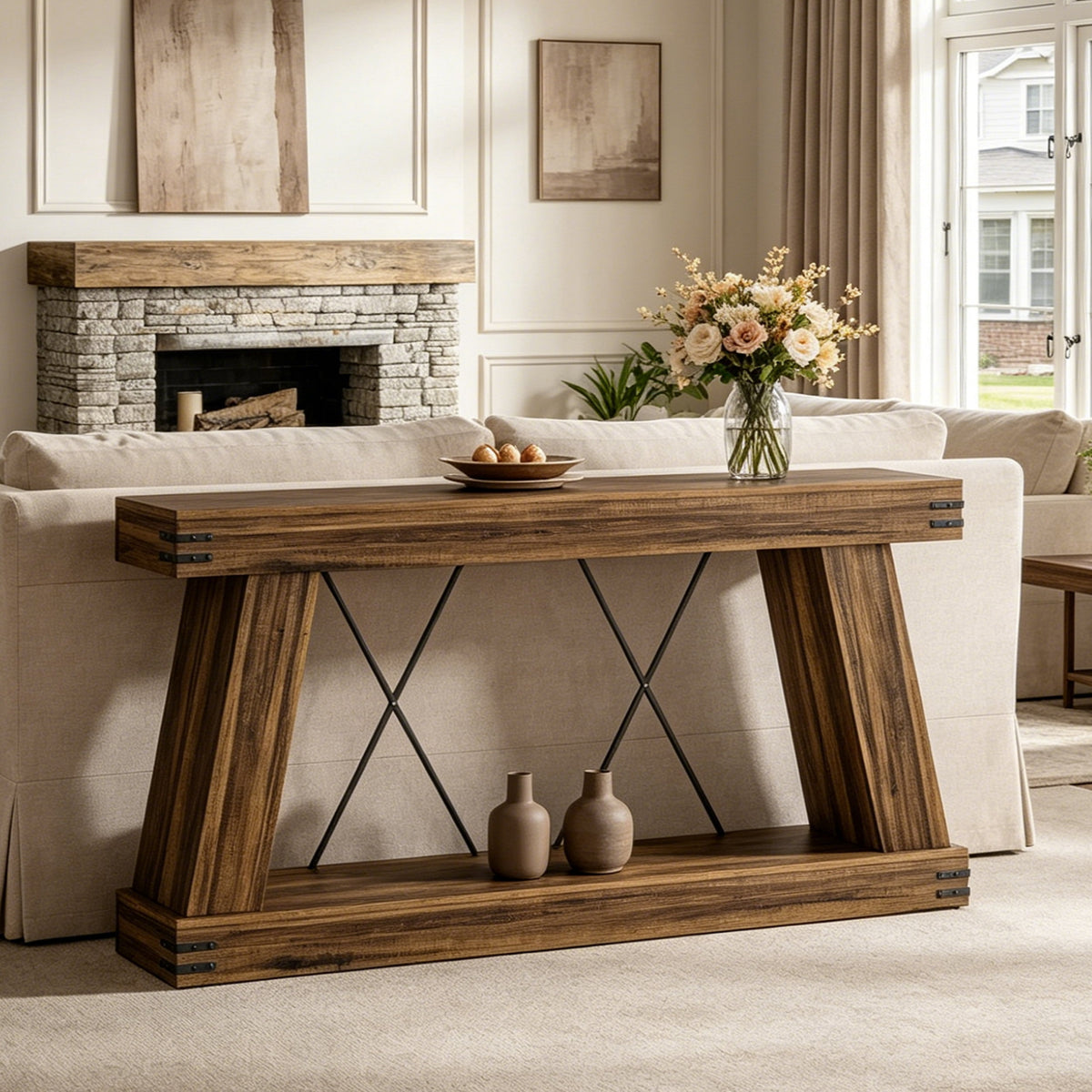 Fnova 70-Inch Farmhouse Console Table, Long 2-Tier Entryway Table with X-Shaped Metal Support, Narrow Wood Sofa Table for Living Room, Hallway, Behind Couch, Dark Brown,WM010345_DBN_US1