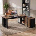Fnova 74-Inch Large L-Shaped Executive Desk with Storage Cabinet Shelves, Modern Office Desk Writing Desk with Privacy Baffle, Workstation for Home and Office,WM010435_BNB_US