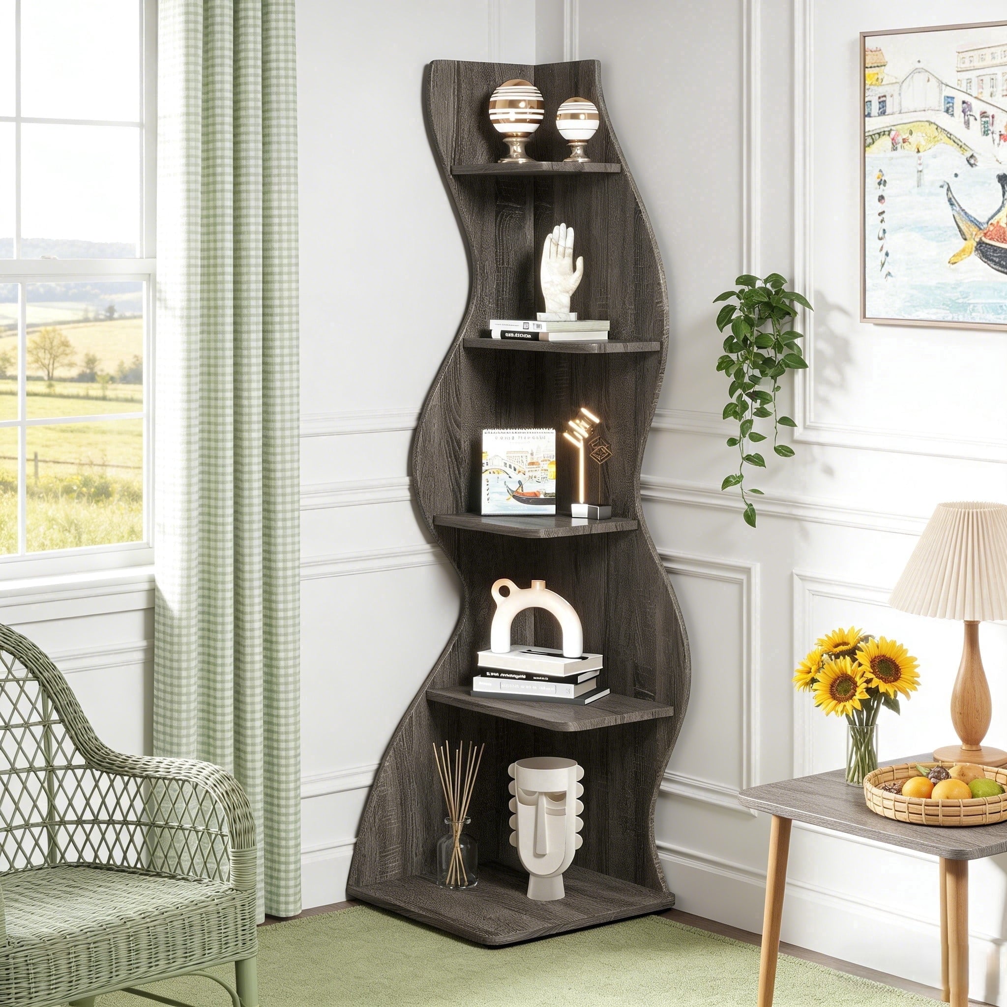 Fnova 70" 5-Tier Corner Shelving Unit, Modern Tall Storage Shelf Bookcase Plant Stand Organizer Unit for Home Office Living Room Bedroom, Gray,Gray