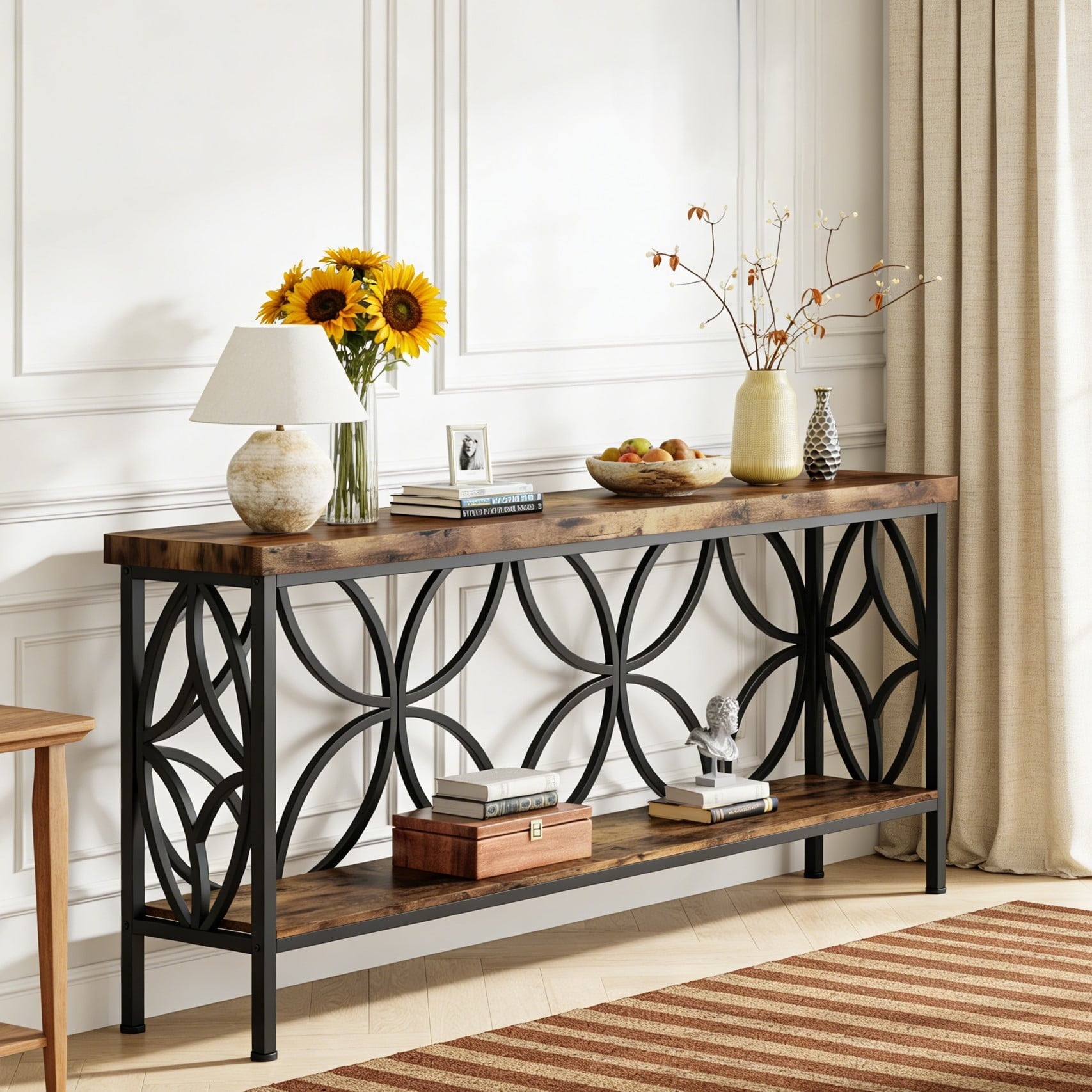 Fnova 70.9" Industrial Console Table, 2-Tier Wood Storage Narrow Sofa Table, Behind Couch with Metal Frame, for Living Room, Entryway, Foyer, Easy Assembly,Brown