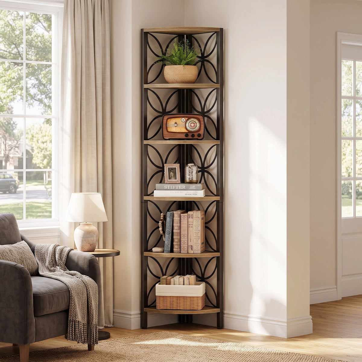 Fnova 70.9-Inch 6-Tier Corner Storage Shelf Unit, Tall Space-Saving Display Rack for Living Room Bedroom Home Office,WM010558_BNB_US