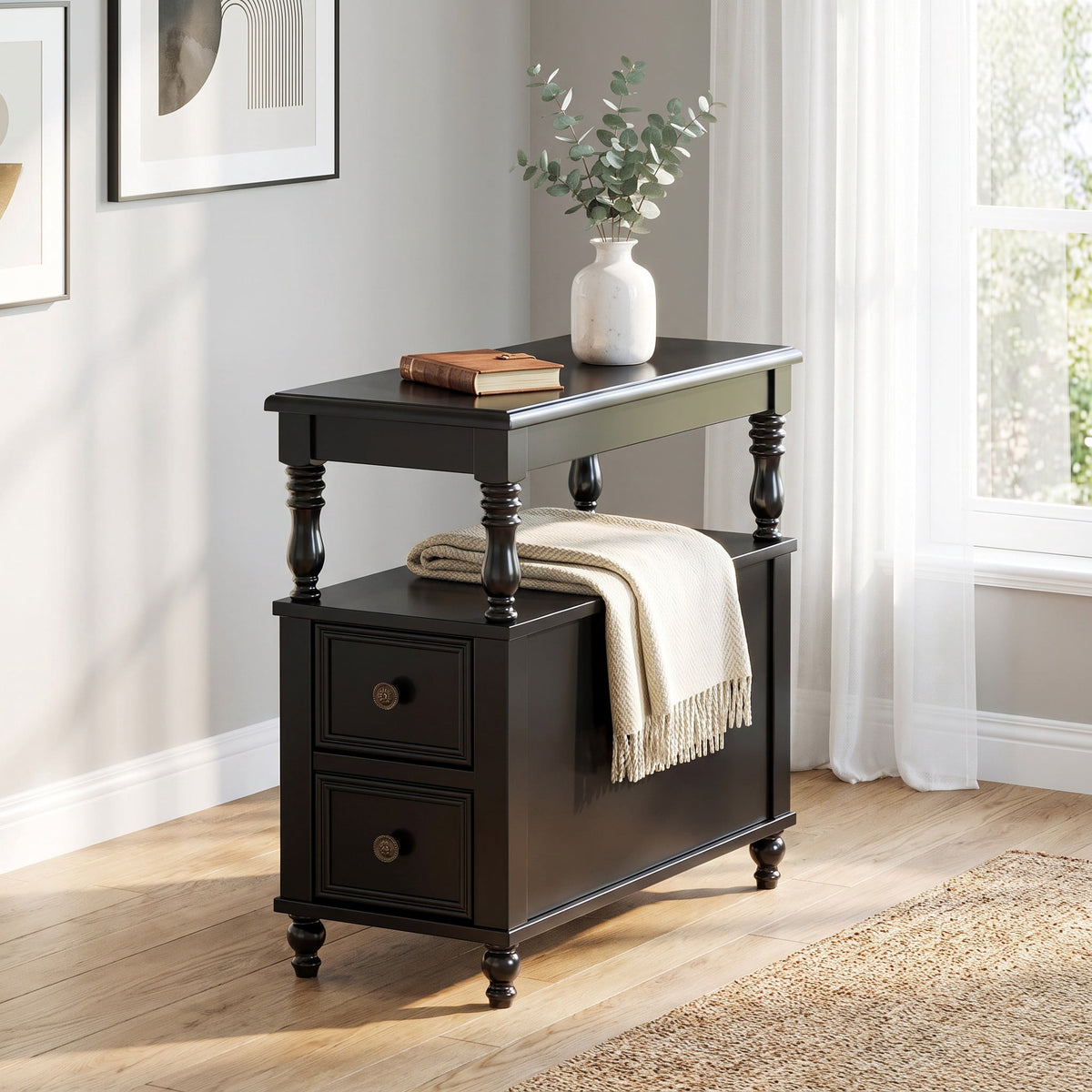 Fnova Solid Wood Narrow End Table with 2 Drawers and Open Shelves, Side Table Nightstand, Easy Assembly, for Living Room, Bedroom, Entryway, Small Space,WM010141_B_US