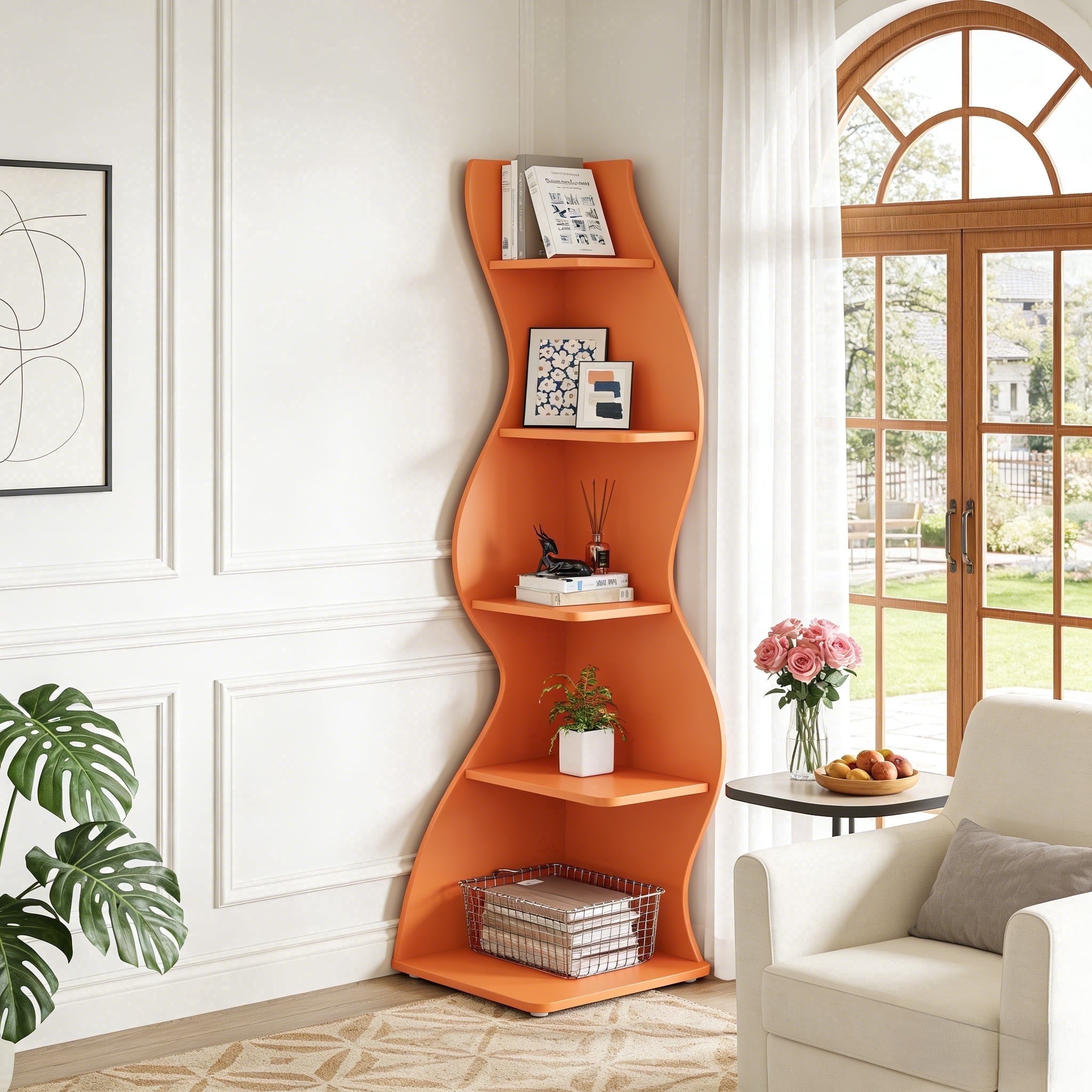 Fnova 70" 5-Tier Corner Shelving Unit, Modern Tall Storage Shelf Bookcase Plant Stand Organizer Unit for Home Office Living Room Bedroom, Orange,Orange