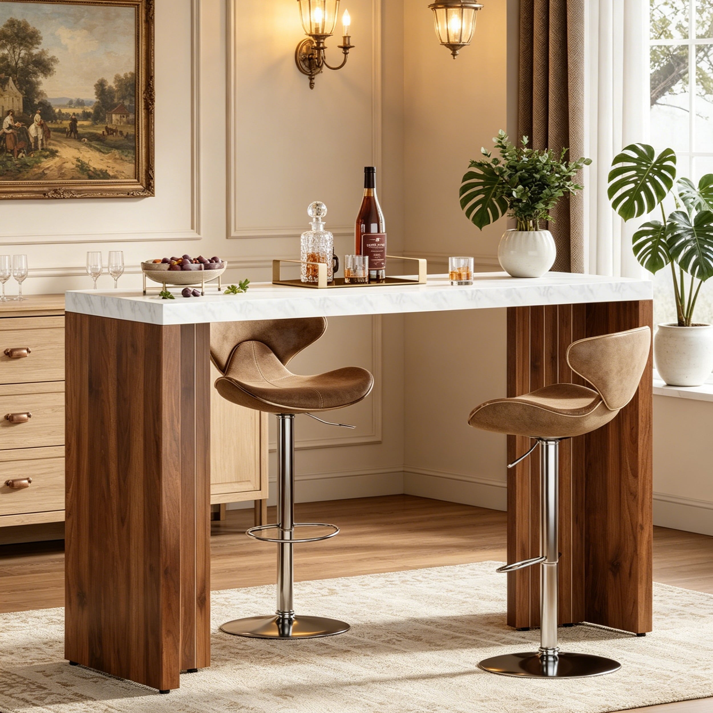 Fnova 55 Inch Counter Height Bar Table with 350 lbs Load, Tall Bar Table for Living Room, Kitchen, Home Bar, Small Space,White Brown