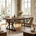 Fnova 70.86 Inch Farmhouse Dining Table, X-Shaped Metal Legs, Large Rectangular Kitchen Table for 6-8 People, Heavy Duty Dining Room Furniture,Brown