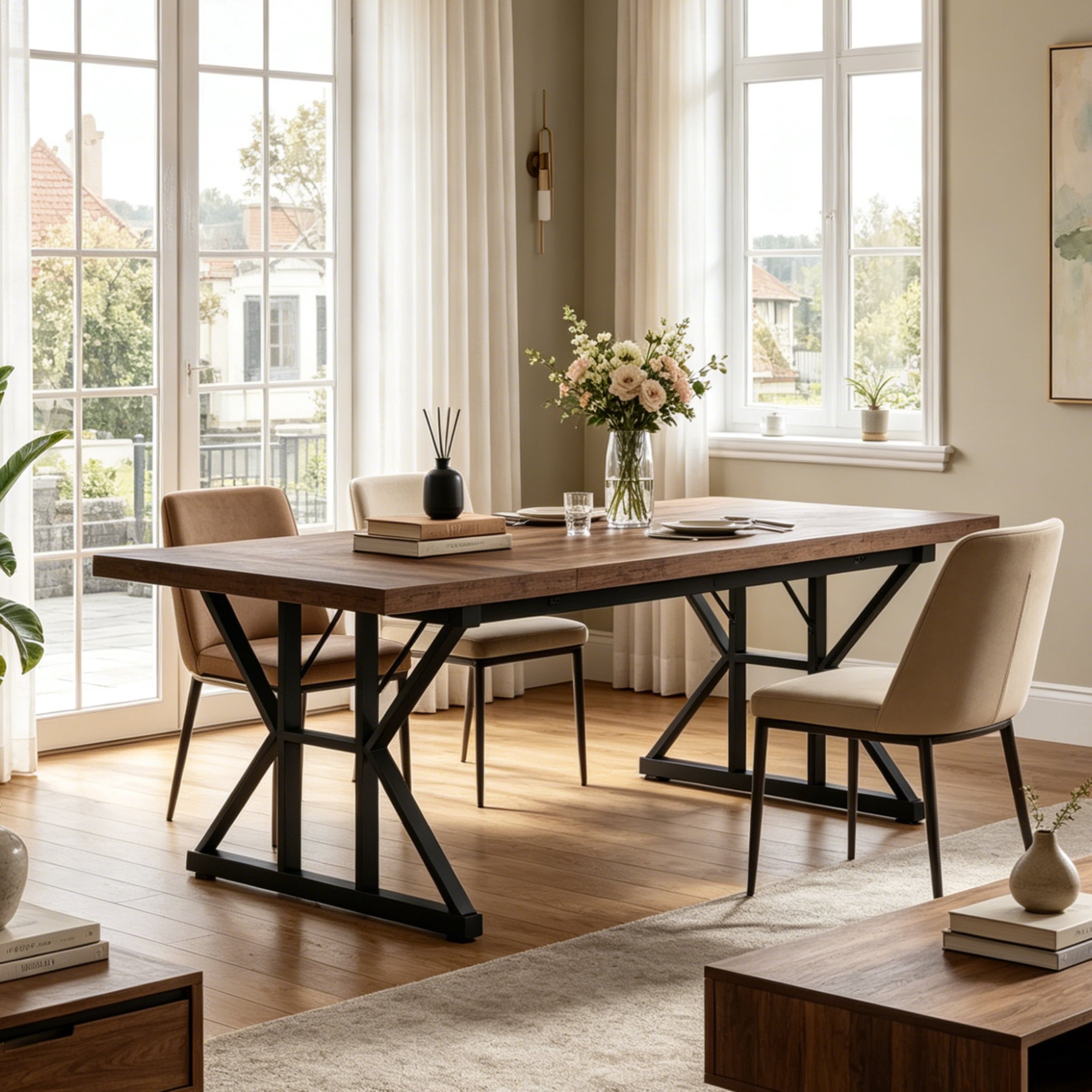 Fnova 70.86 Inch Farmhouse Dining Table, X-Shaped Metal Legs, Large Rectangular Kitchen Table for 6-8 People, Heavy Duty Dining Room Furniture,Brown