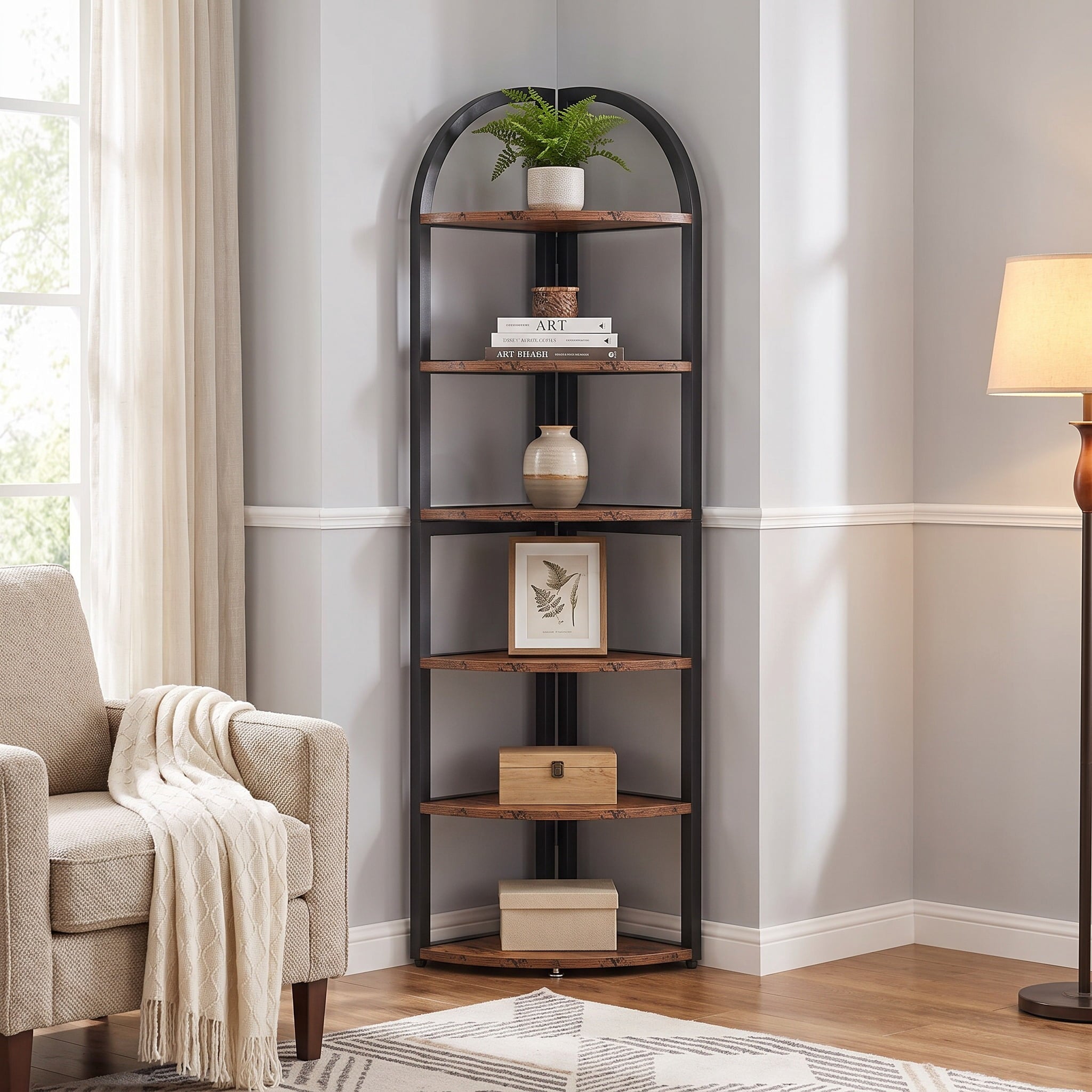 Fnova 6-Tier Arched Corner Shelf Stand, 71.65-Inch Tall Freestanding Corner Bookshelf, Storage Rack for Living Room Kitchen Bedroom Office,WM010573_BNB_US
