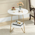 Fnova Modern 2-Tier Round Side Table with Faux Marble Print Top & Gold Metal Frame, Wooden End Table for Living Room, Bedroom, Easy Assembly,White